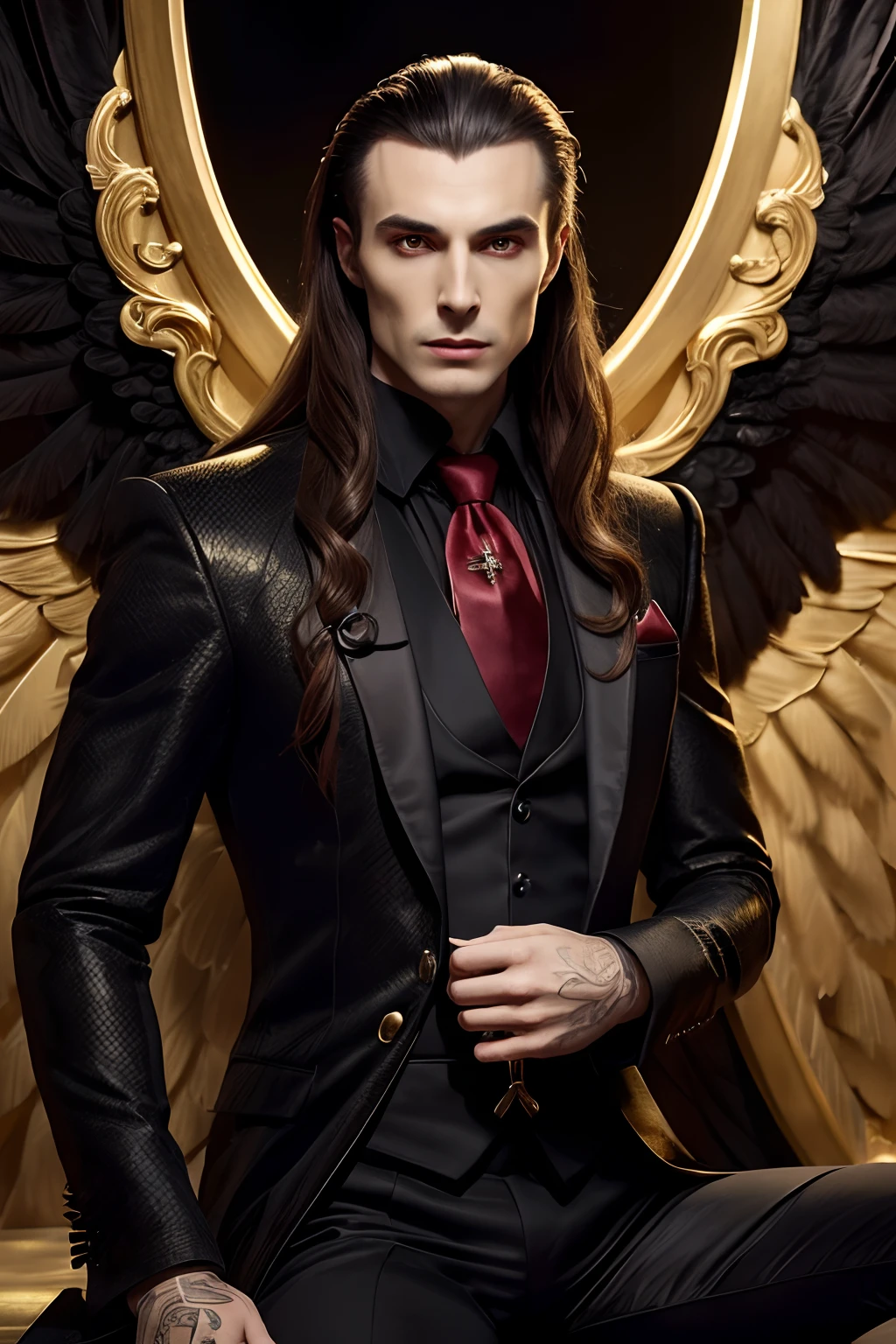 (Best Quality,4k,hight resolution:1.2),Ultra-detailed,Realistic,Portrait,black & Gold Palette,Long flowing golden hairstyle, ((Red detailed eyes)), Vampire Liquids,radiant lighting,Detailed facial features,Dark background,Single man,in a black suit and with black wings, Young Count Dracula