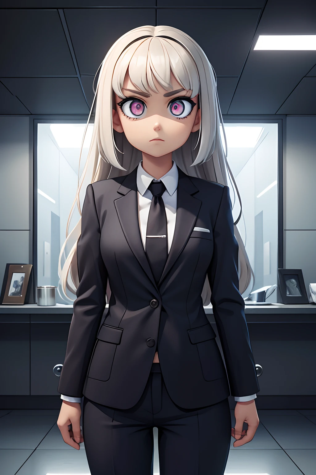 Brainwashed, mind controlled, liquid metal, metal eyes, mirror eyes, woman in suit, blank expression