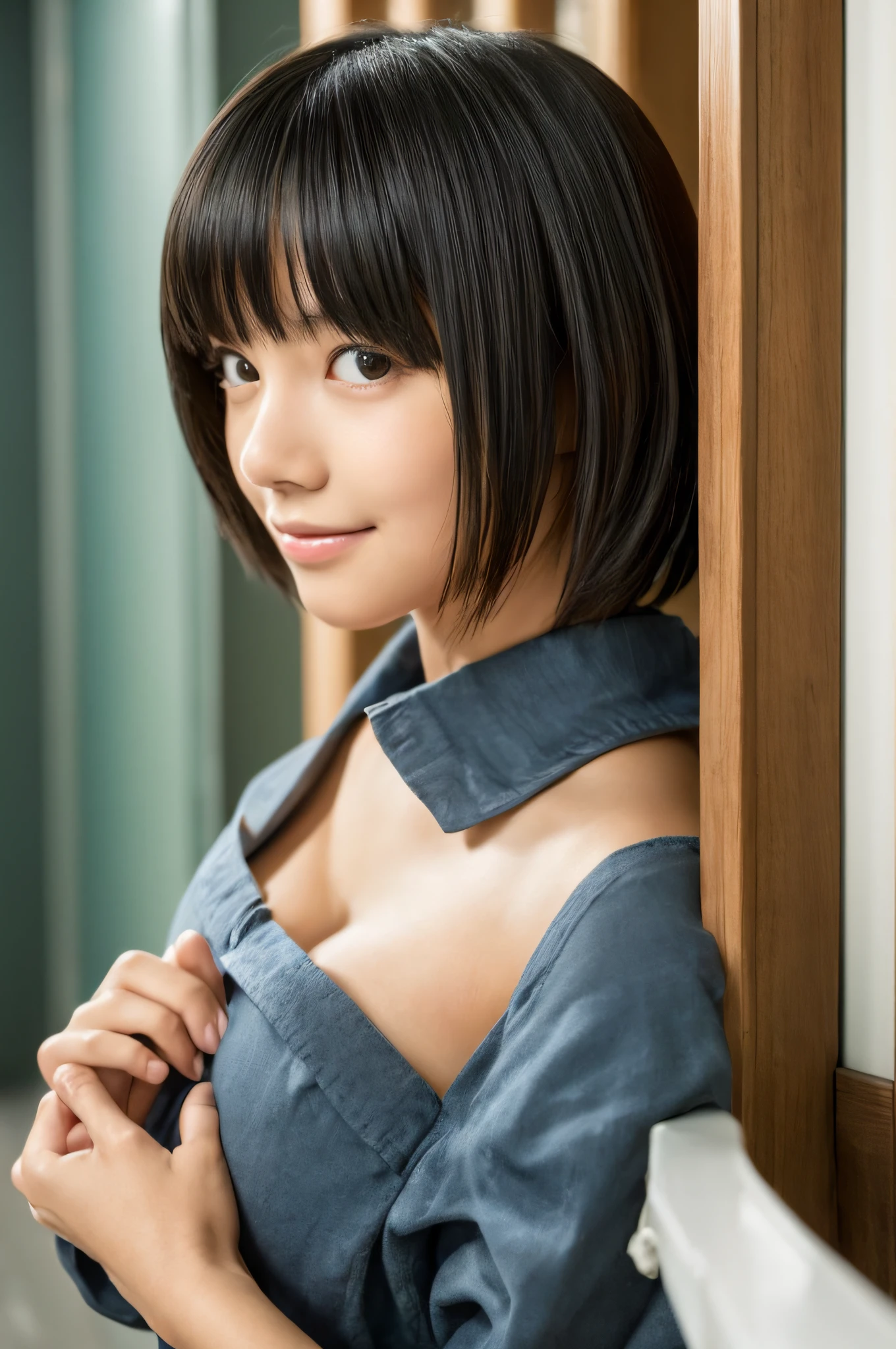 (Top resolution, Distinct_image) Best Quality, Single person, One Woman, Solo, masutepiece, Highly detailed, semi - realistic, Black short hair, Black hair, Bangs, 18 years old, Mature, Light blue military uniform, Military uniform, Indoor background, Gentle, authoritative, Powerful, Exquisite facial features, Exquisite facial features, (NSFW), masterpiece, Best Quality, Highly detailed, Raw photo, Professional artwork, famous artwork, clean, Cinematic lighting, Beautiful eyes + detail, Beautiful hair + detail, (cute young female body:1.4), (Cute small breasts), lactation, Happy:1.3, Smile:1.3, sexy looking at the viewer, Sexy lips, Floating hair, Indoors, doorway, door open, Japanese