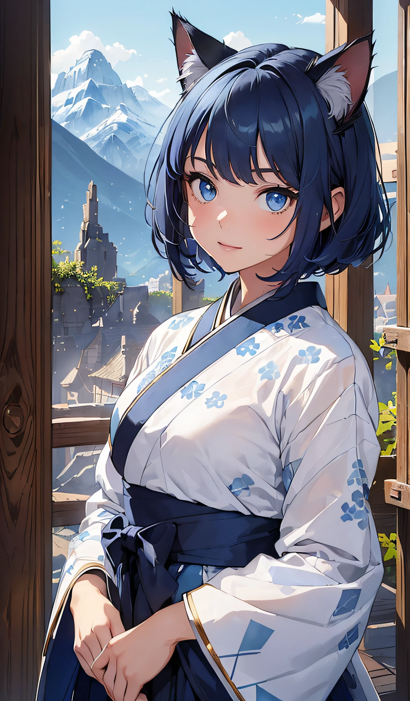 Beautiful detailed girl, Clear and beautiful, Character as the main point of view, radiant skin, girls, femele, young, 20yo, bobbed hair, Short Cut, short-hair, Beautiful detail glass hair,(((dark, Dark Night, Deep Night))), ((Hanbok costumes, 2 colors of clothing, Blue background, White pattern)) ((Clothes color blue background, White pattern)) ((Use only two colors of clothing, white, blue)) Beautiful details, gentle facial expressions, Sorrisos, beautiful-detailed eyes, Blue pupils, tiny boobs, Blue-eyed, Full-fledged skin texture, Very good 8KCG wallpapers, very fine 8K CG wallpaper, watercolor (medium), female warrior, dark blue hair, (((Full-body cut))), (((Cat's ears dark blue))), (((s whole body))), Show your whole body, (((Natural Background, mountains, wood))), ((plein air))
