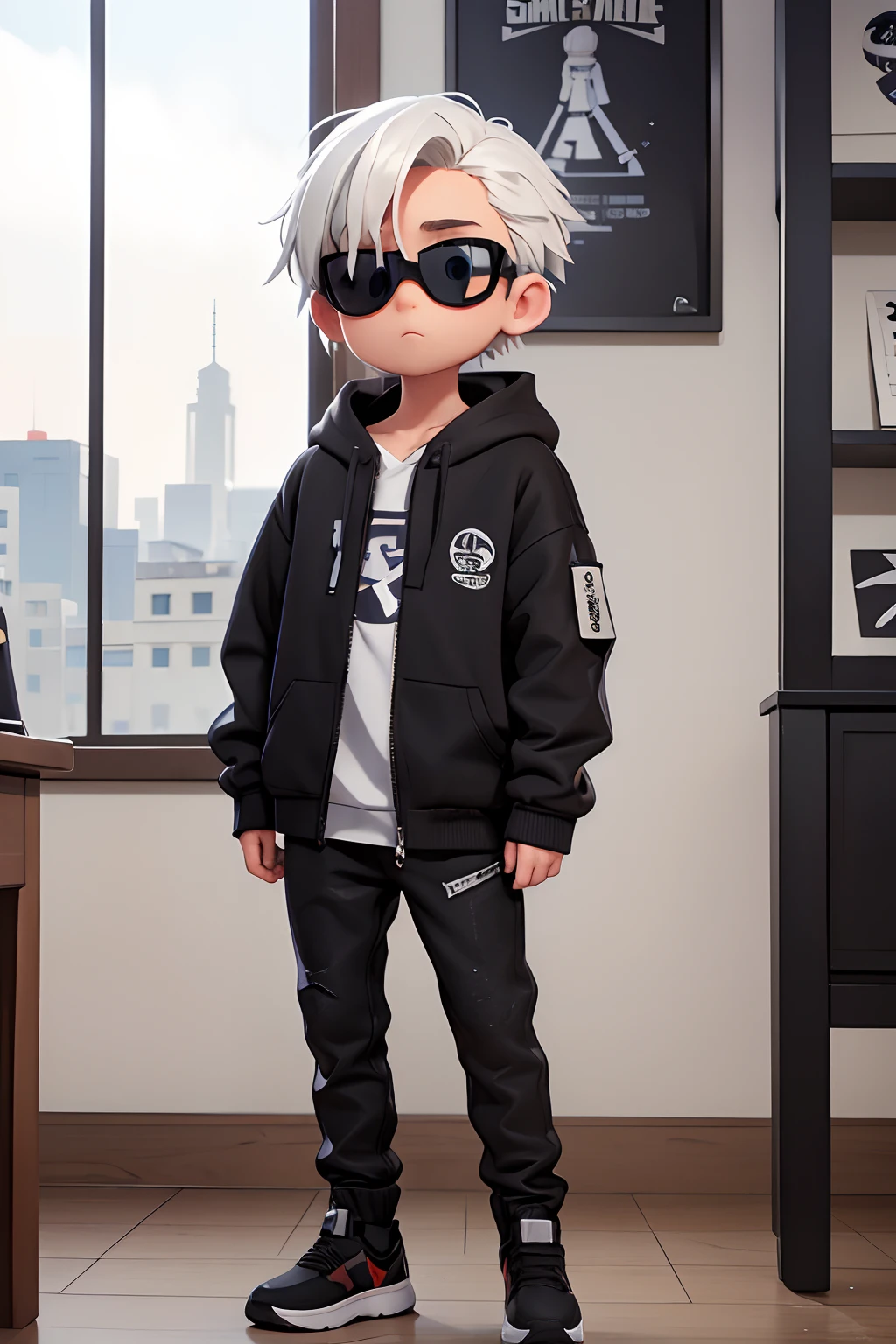 ((masterpiece)), (8k, high_resolution), (best quality), beautiful eyes, detailed eyes, crop haircut, cute face, white hair, nice hair, ultra-detailed, male ???, wearing sunglasses, ??? standing in a room looking at their cell phones, mall goth, wearing japanese techwear, fear of god style, wearing space techwear, vetements, prada, black oversized clothes, wearing urban techwear, wearing jeans and a black hoodie, casual streetwear, black clothes, techwear look and clothes, ootd, wearing in black clothes