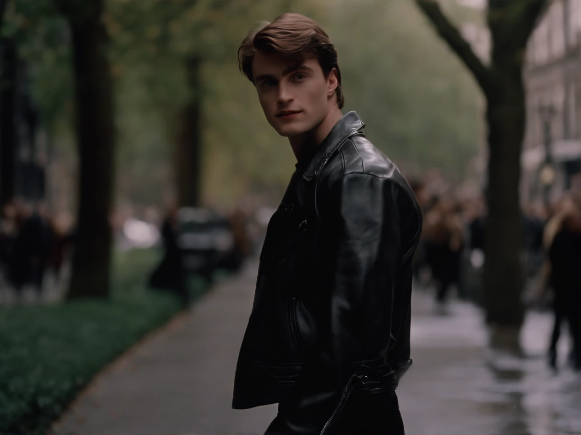 1990 screengrab of male model Harry Potter wearing a magnificent Balenciaga leather jacket, fashion movie scene, Balenciaga commercial