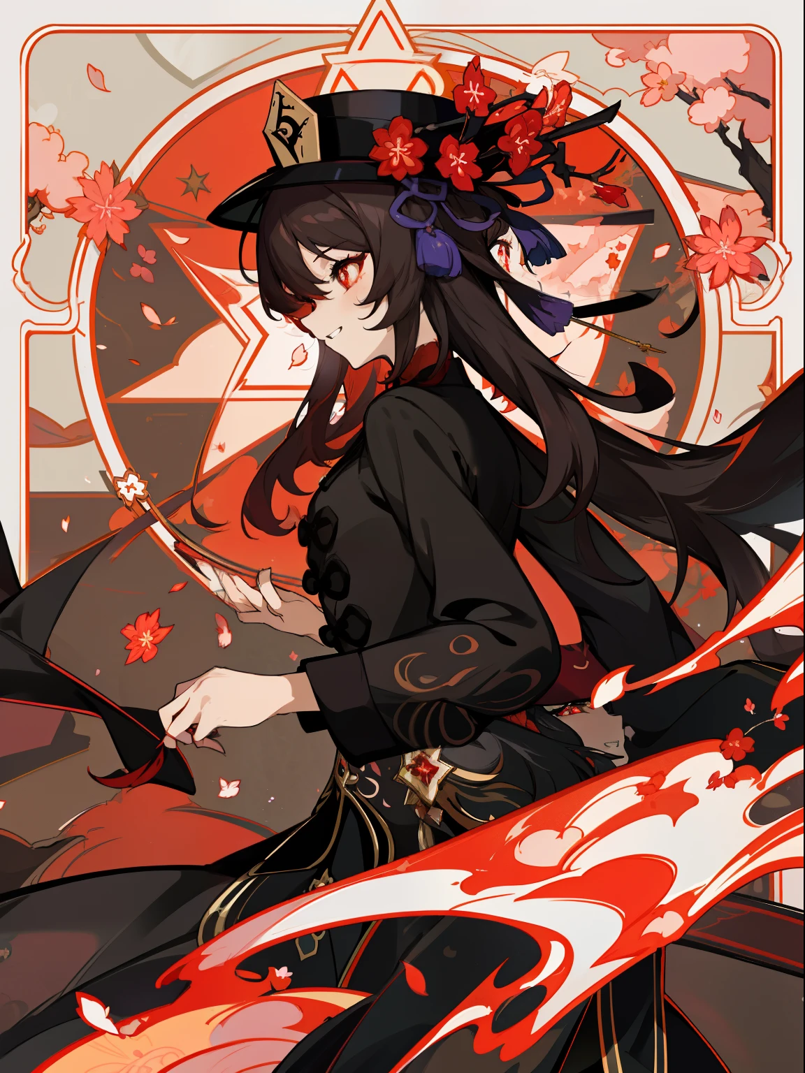 2d, masterpiece, best quality, anime, highly detailed eyes, highly detailed face, highly detailed background, perfect lighting, 1girl, solo, hu tao \(genshin impact\), star-shaped pupils, flower-shaped pupils, hat, red flower, red eyes, cherry blossoms, evil grin, black outfit, (anime tarot style), fire, profile, cowboy shot