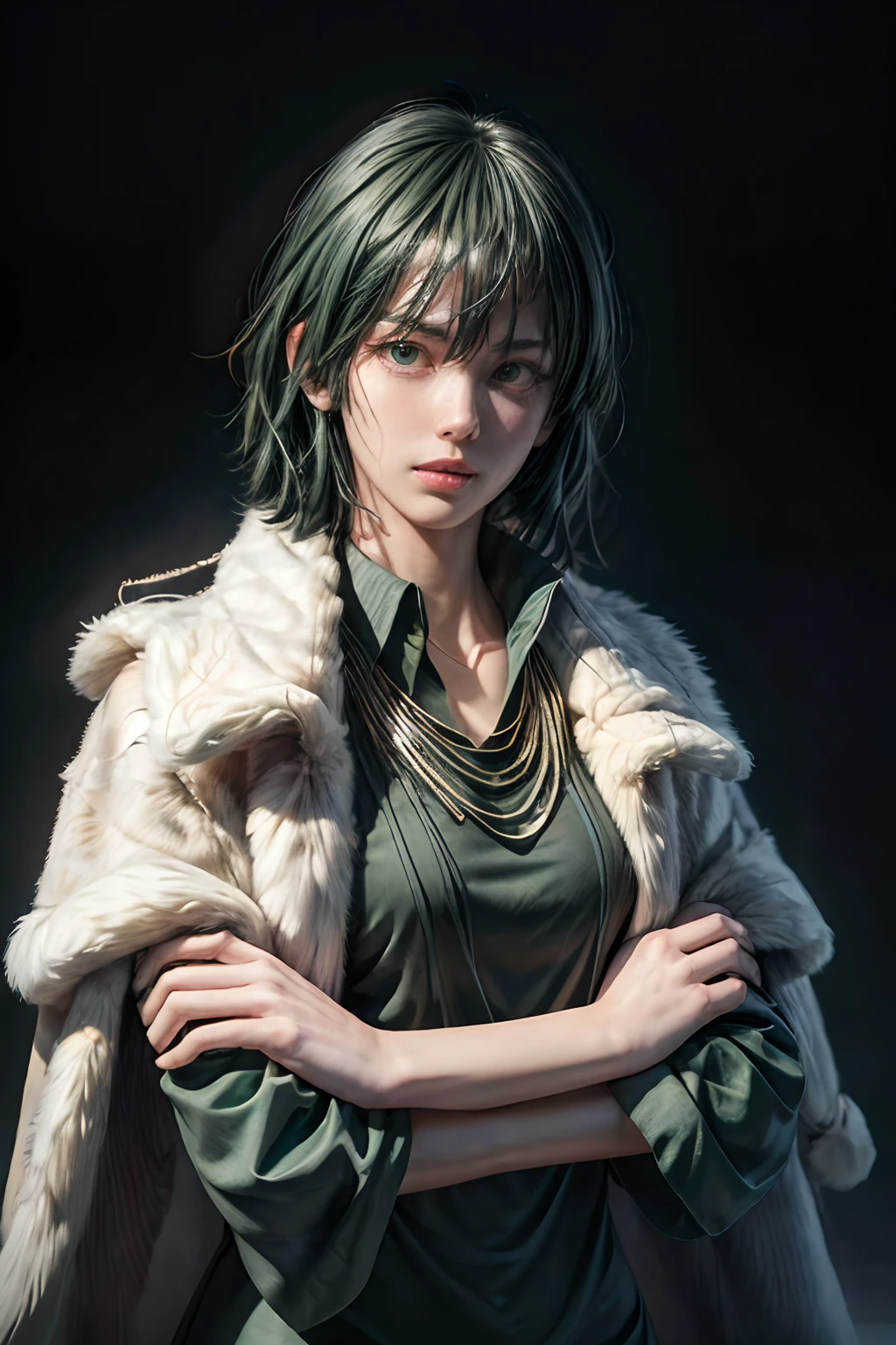 (masterpiece, best quality:1.2), cowboy shot, solo, 1girl, fubuki, expressionless, crossed arms, green hair, taut clothes, fur coat, jewelry, necklace, anime in realistic , realistic