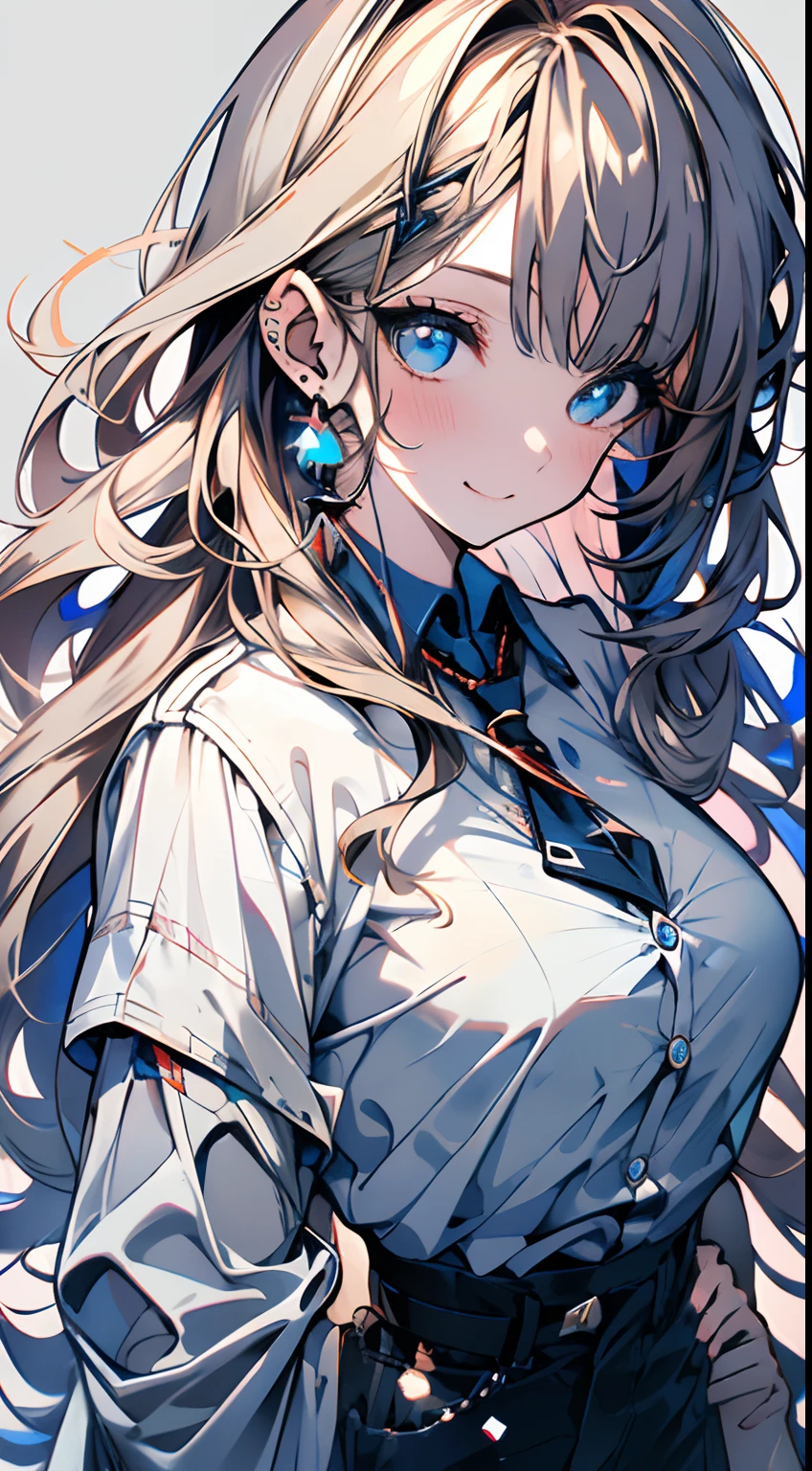 Illustration, UHD, retina, masterpiece, accurate, anatomically correct, super detail, high details, high quality, award winning, best quality, highres, good anatomy, 1080P, HD, 4K, 8k, 16k, 1girl, dynamic pose, androgynous, detailed eyes, detailed clothes, detailed hair, rendering, strands of hair, cute waifu, long waifu brown hair, bangs, locks, ahoge, blue eyes, big breast, wearing a white collared shirt, short sleeved, unbuttoned shirt, smiling, breathing heavy, dark blue background, midjourney, deivantart, pixiv, danbooru