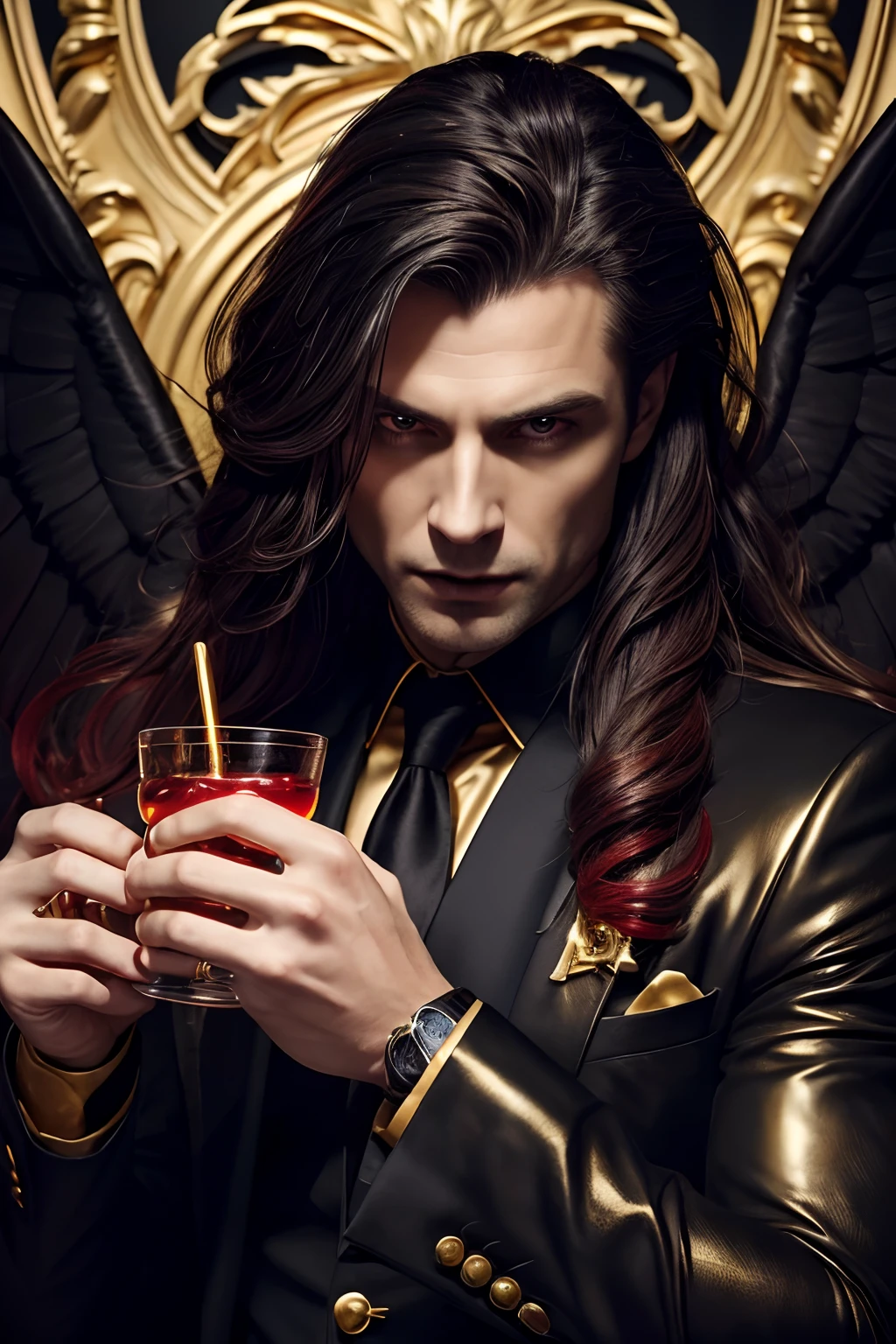 (Best Quality,4k,hight resolution:1.2),Ultra-detailed,Realistic,Portrait,Black & Gold Palette,Long flowing golden hairstyle, ((Red detailed eyes)), Vampire Liquids,radiant lighting,Detailed facial features,Dark background,Single man,in a black suit and black wings