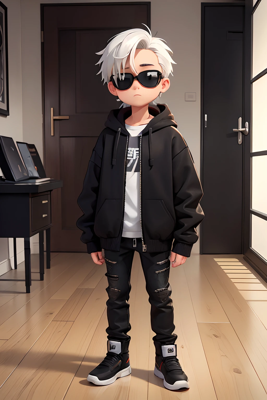 ((masterpiece)), (8k, high_resolution), (best quality), mens haircut 2022, beautiful eyes, detailed eyes, cute face, white hair, nice hair, ultra-detailed, male kid, wearing sunglasses, kid standing in a room looking at their cell phones, mall goth, wearing japanese techwear, fear of god style, wearing space techwear, vetements, prada, black oversized clothes, wearing urban techwear, wearing jeans and a black hoodie, casual streetwear, black clothes, techwear look and clothes, ootd, wearing in black clothes