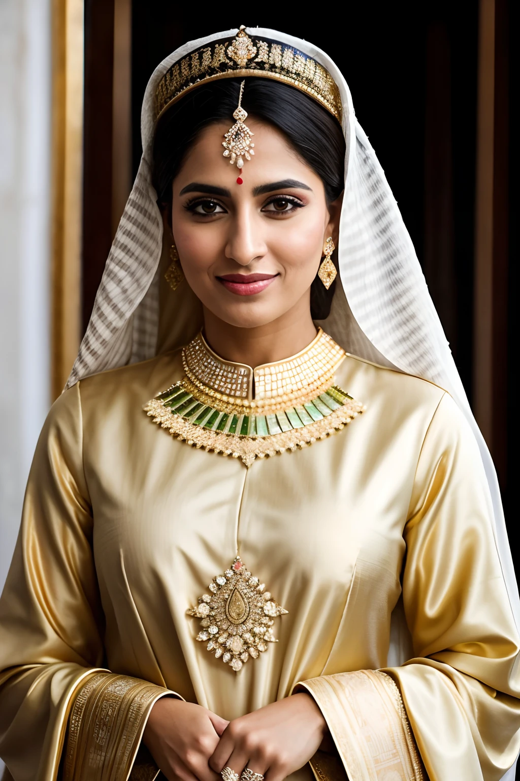 Foto RAW, foto retrato do rosto arab eoman, sheikha, rainha, wedding vestiment, gold, luxury, royal palace, roupas tradicionais, preto, Branco, vermelho, arab wedding, rich, cara feliz, Sombras duras, Cinematic Shot, dramatic lighting