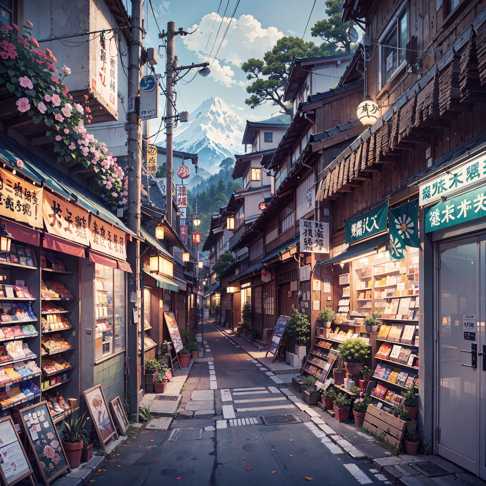 anime background, anime wallpaper, anime, anime style, lofi, lofi style, modern japanese street, mountains, uphill, modern japanese architecture, japanese convenience store, big retro japanese shop signs, retro japanese store, trees, plants, rocks, plant pots, shop signs, japanese banners, japanese signs, flags, empty street, no one in sight, (no one: 1), best quality, wide view, street going uphill, buildings tight together, night time, night