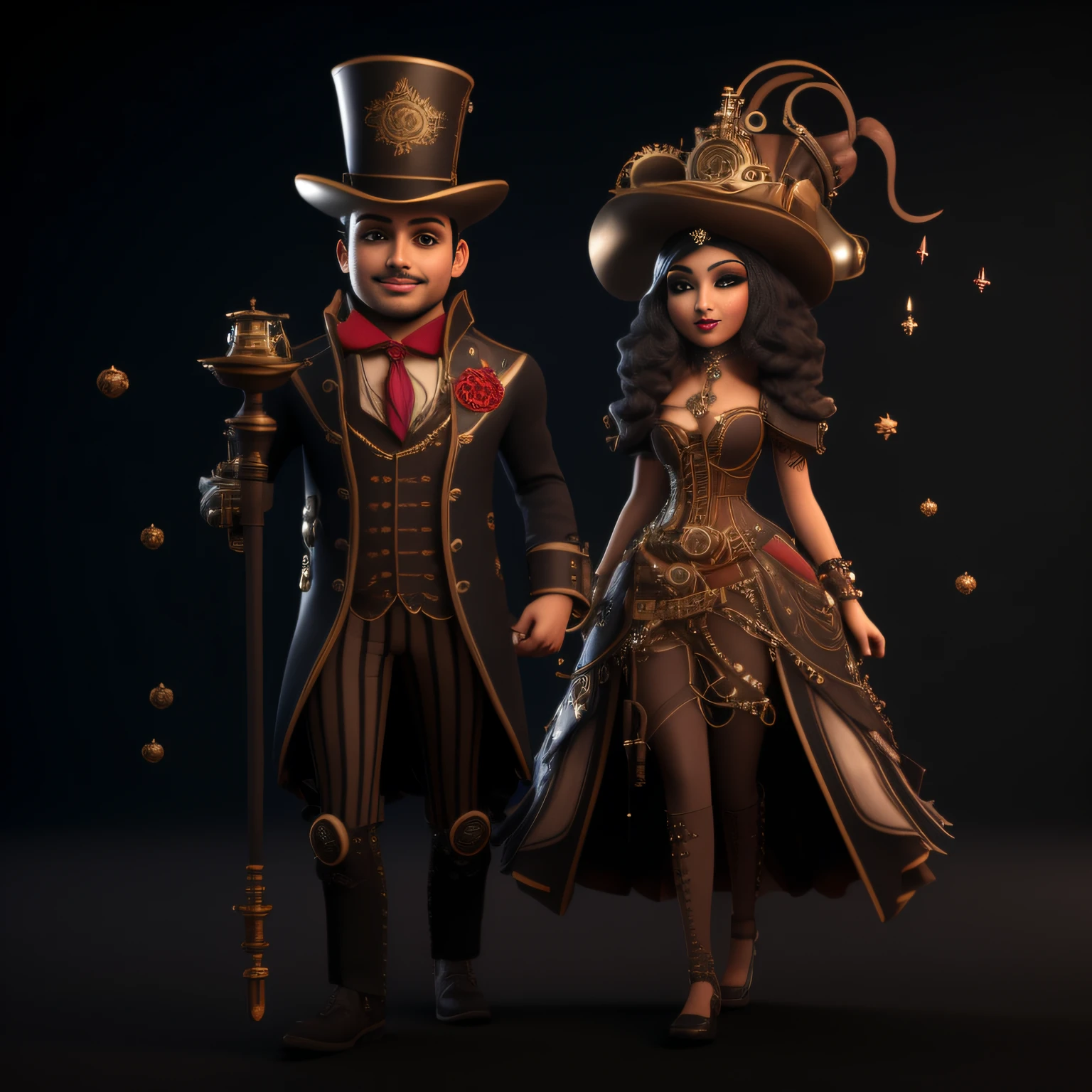 imagem dos desenhos animados de um casal de pessoas vestidas com roupas extravagantes, 3 d render stylized, vivid steampunk concept, 3d renderizado steampunk, estilo de fantasia steampunk, arte conceitual steampunk, (octan render) estilo fantasia, Magia e Vapor - Inspirado no Punk, ambos vestindo roupas vitorianas, 3d rendering stylized, Michael Cavalo (Motor irreal, stylized as a 3d rendering