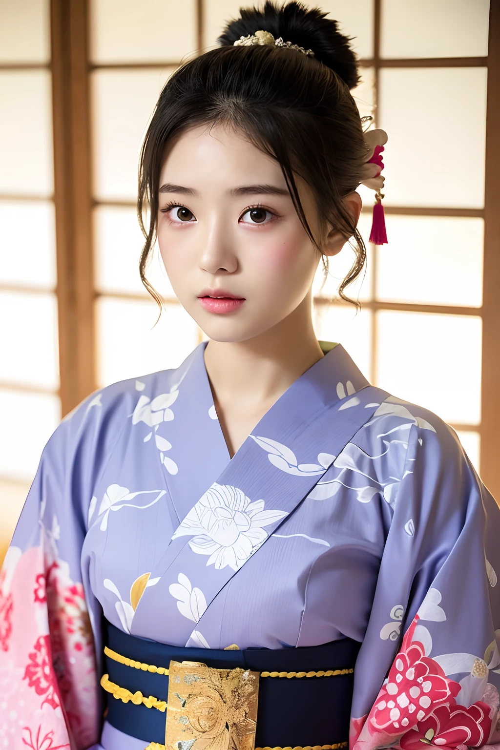 (Photorealsitic:1.4), (Top image quality:1.0), (超A high resolution:1.0), 8K, Raw photography, (masterpiece:0.2), (pureerosface_v1:0.5)、(Best Quality Detail:1.2)、realisitic、8K UHD、hight resolution、(1girl in:1.2)、The ultra-detailliert、High quality textures、intricate detailes、detaileds、Very detailed CG、High quality shadows、Detail Beautiful delicate face、Detail Beautiful delicate eyes、depth of fields、Ray traching,1girl in, japanaese girl, Cute, slender, Black kimono, Kimono with Japanese pattern,Floral scrunchie, Beautiful skin, Facing the front,Sit down, Sit upright and say thank you,Align your hands elegantly,Smile faintly The Land of Japan,Japanese garden,Luxury Japanese-style room, skyporn, Magic Hour, (Realistic:1.3), Finely detailed, quality, (masutepiece:1.2), (Photorealistic:1.2), (Best Quality), (Intricate details), Dramatic, Ray tracing, photograph, +Lola