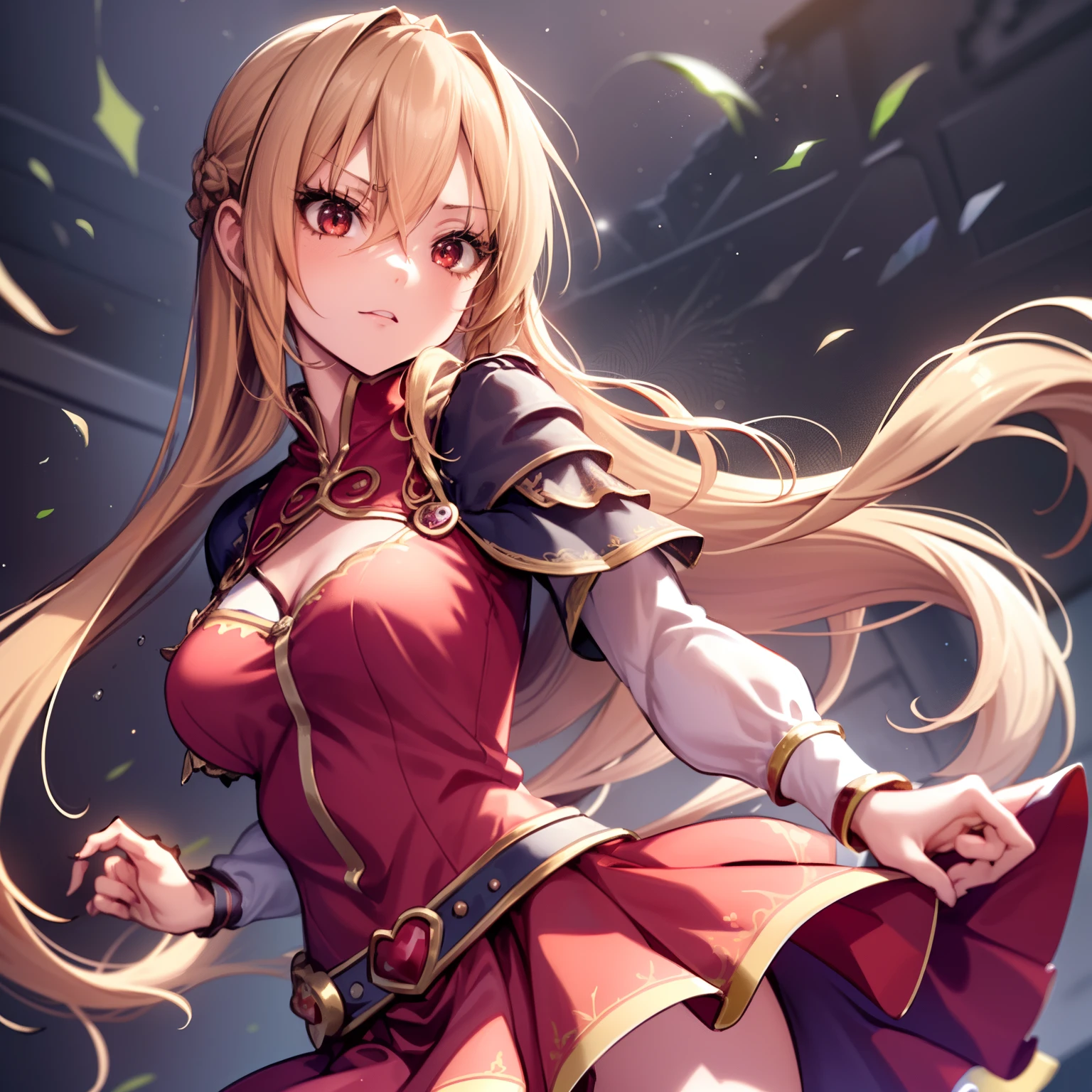(masutepiece, Best Quality:1.2), Extremely detailed, detailed hairs, Soft skin,
1girl in, Solo, Upper body,
Blonde hair, Long hair, High Ponytail, Long ponytail,
Red Eyes, long eyelashes, thick eyelashes, Looking at Viewer,
Red dress, backless dress, ornate dress, Puffy skirt, Long skirt, Puffy sleeves, juliet sleeves, Long sleeves,
,
Black background,