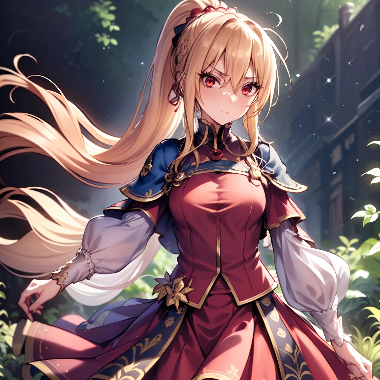 (masutepiece, Best Quality:1.2), Extremely detailed, detailed hairs, Soft skin,

1girl in, Solo, Upper body,

Blonde hair, Long hair, High Ponytail, Long ponytail,

Red Eyes, long eyelashes, thick eyelashes, Looking at Viewer,

Red dress, backless dress, ornate dress, Puffy skirt, Long skirt, Puffy sleeves, juliet sleeves, Long sleeves,

,

Black background,
