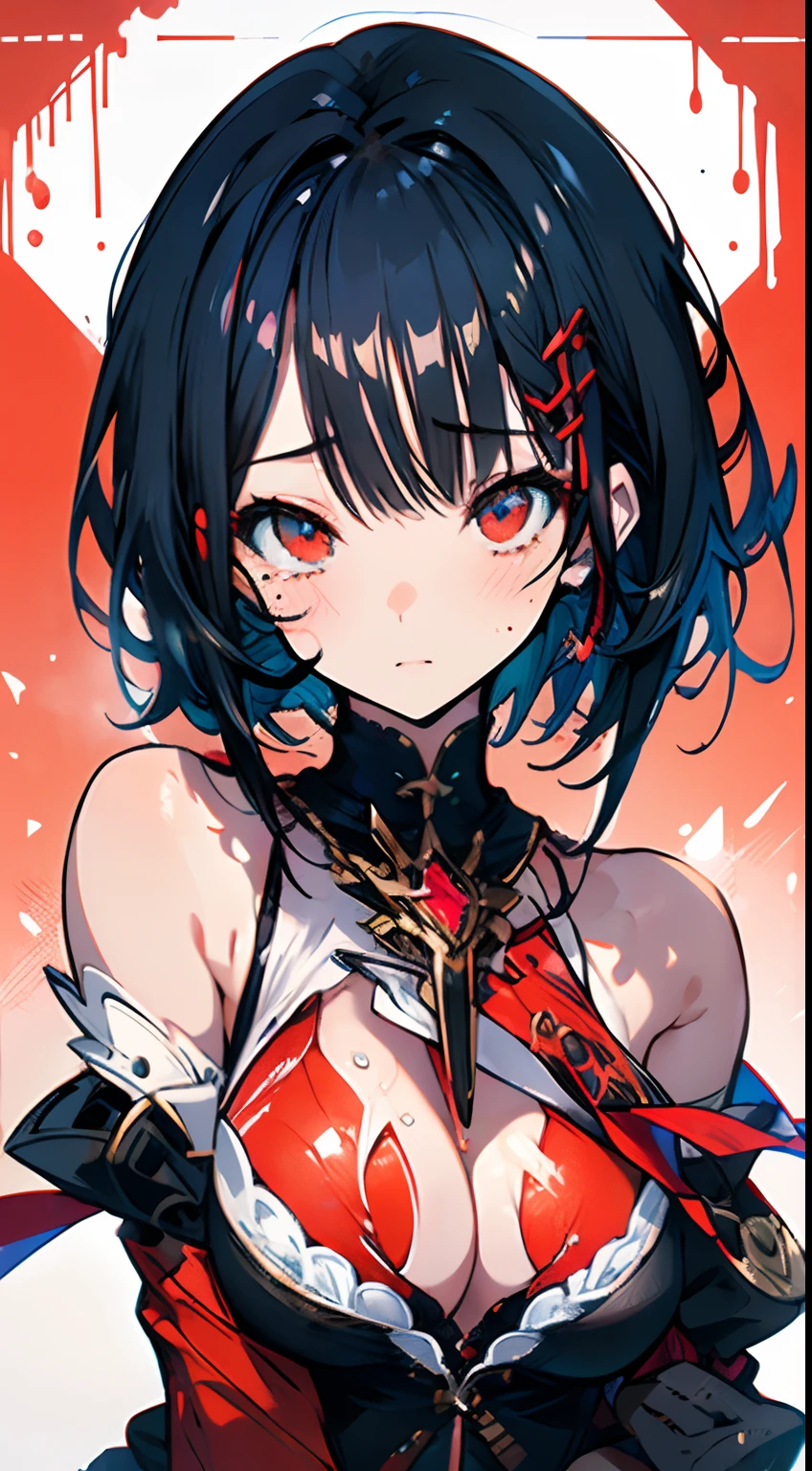 Illustration, UHD, retina, masterpiece, accurate, anatomically correct, super detail, high details, high quality, award winning, best quality, highres, good anatomy, 1080P, HD, 4K, 8k, 16k, 1girl, dynamic pose, androgynous, detailed eyes, detailed clothes, detailed hair, rendering, strands of hair, cute waifu, short black hair, red eyes,bangs, locks, big breast, wearing a revealing lingre, bare skin, blushing, tears, sweating, detached sleeves, red background, midjourny, deviantart, pixiv, danbooru