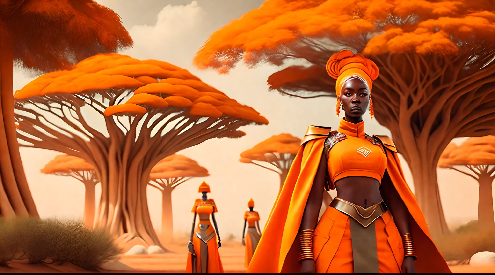 A afrofuturistic woman army, orange aesthetic and armors, ultra quality, big trees, baobab tree