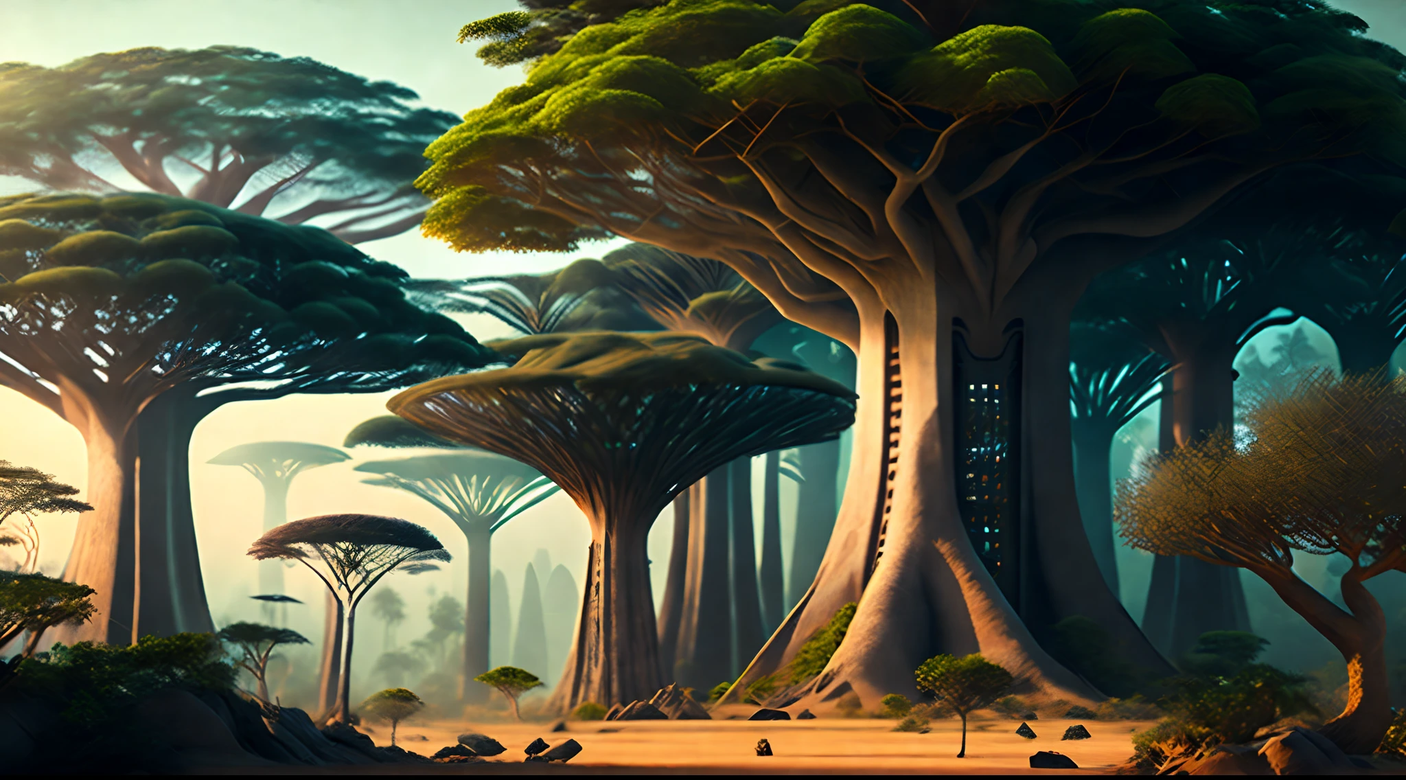 A afrofuturistic jungle, ultra quality, big trees, baobab tree