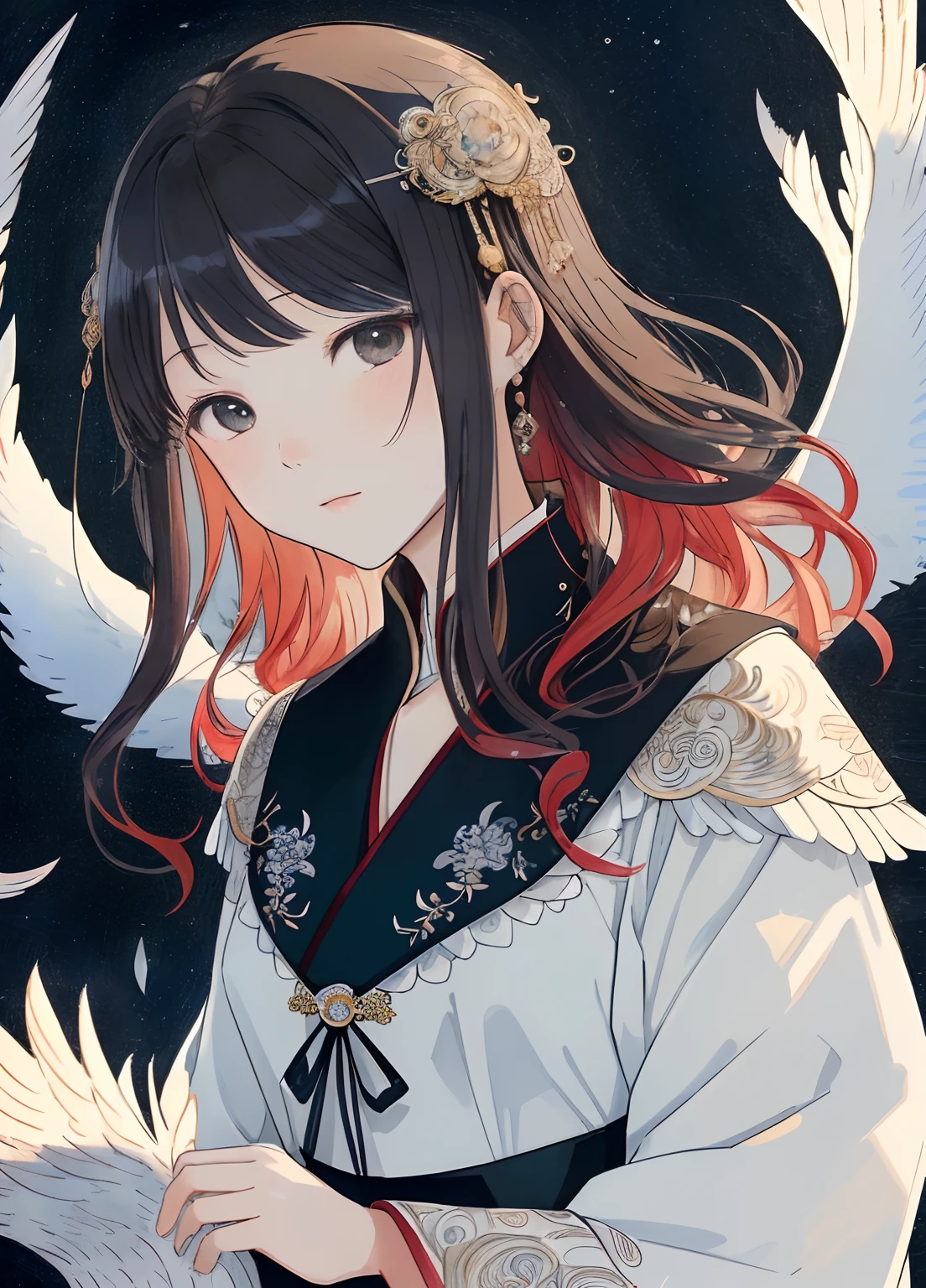 (by Miwa Komatsu:1.4),(by Yuko Higuchi:1.3),(by Miho Hirano),(masterpiece,best quality,官方艺术,美丽和审美:1.2),(ultra-detailed),finely detail,best illustration,hand drawn high quality,(High contrast),(clean lines:1.3),(lineart),line drawing,(Intricate lines),ligne claire,pen and color ink drawing,simple colorful color matching,dynamic angle,(portrait,above the chest,extremely close-up:1.2),(A little girl with black swans:1.2),detailed black swans,(red hair),black eyes,Hanfu,ancient Chinese clothing,裙子上有复杂的花纹图案,flat chest,jewelry,(She is surrounded by swan feathers and Floating water:1.1),(Light and elegant color scheme),(Intricate details),(detailed background:1.2),The intricate pattern,High Resolution,Art Deco,Decorative,luxury,elegant,by Pegacon Lee,by yoshitaka amano