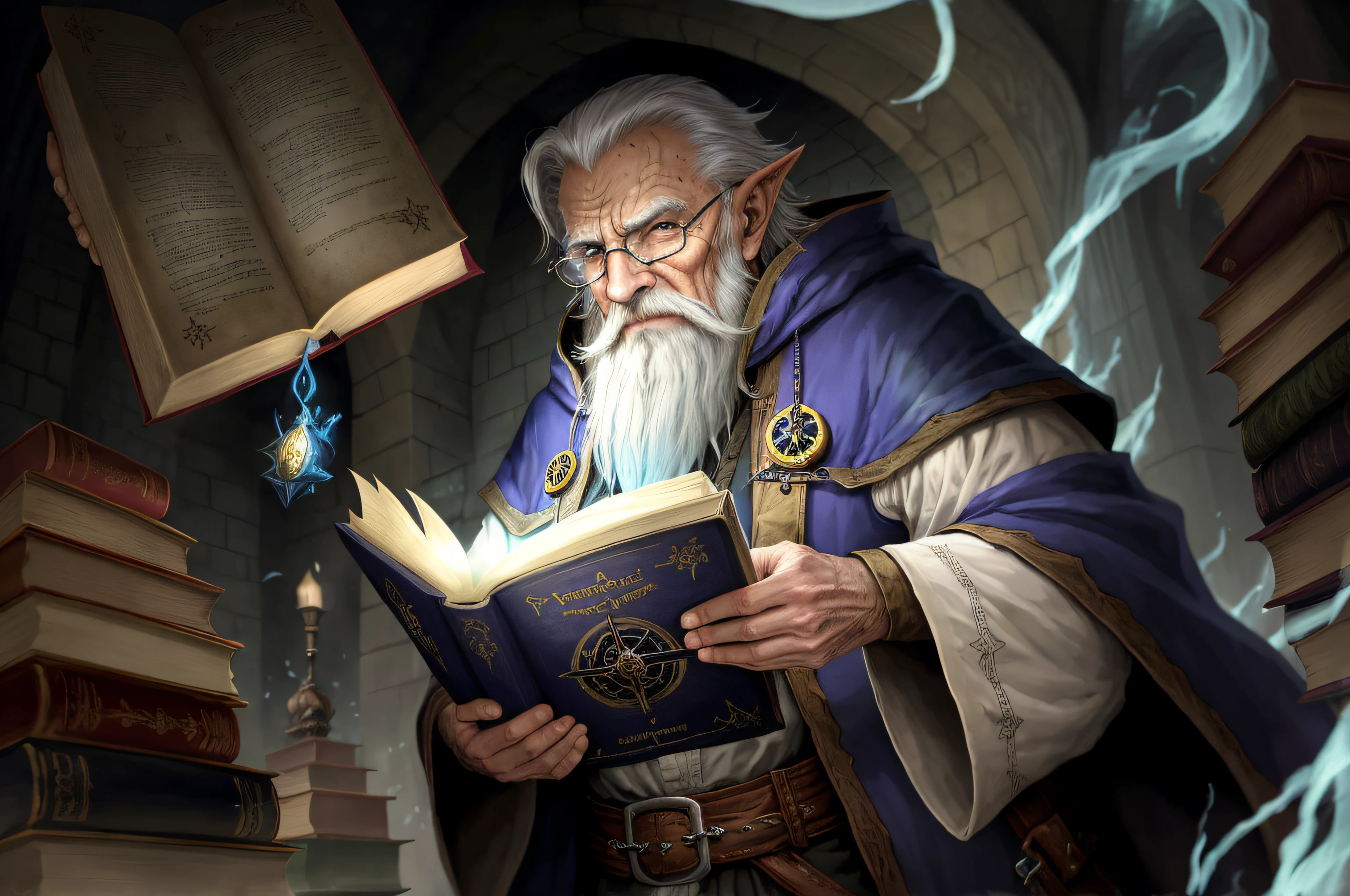 an old and powerful wizard floating with his grimoire in hand