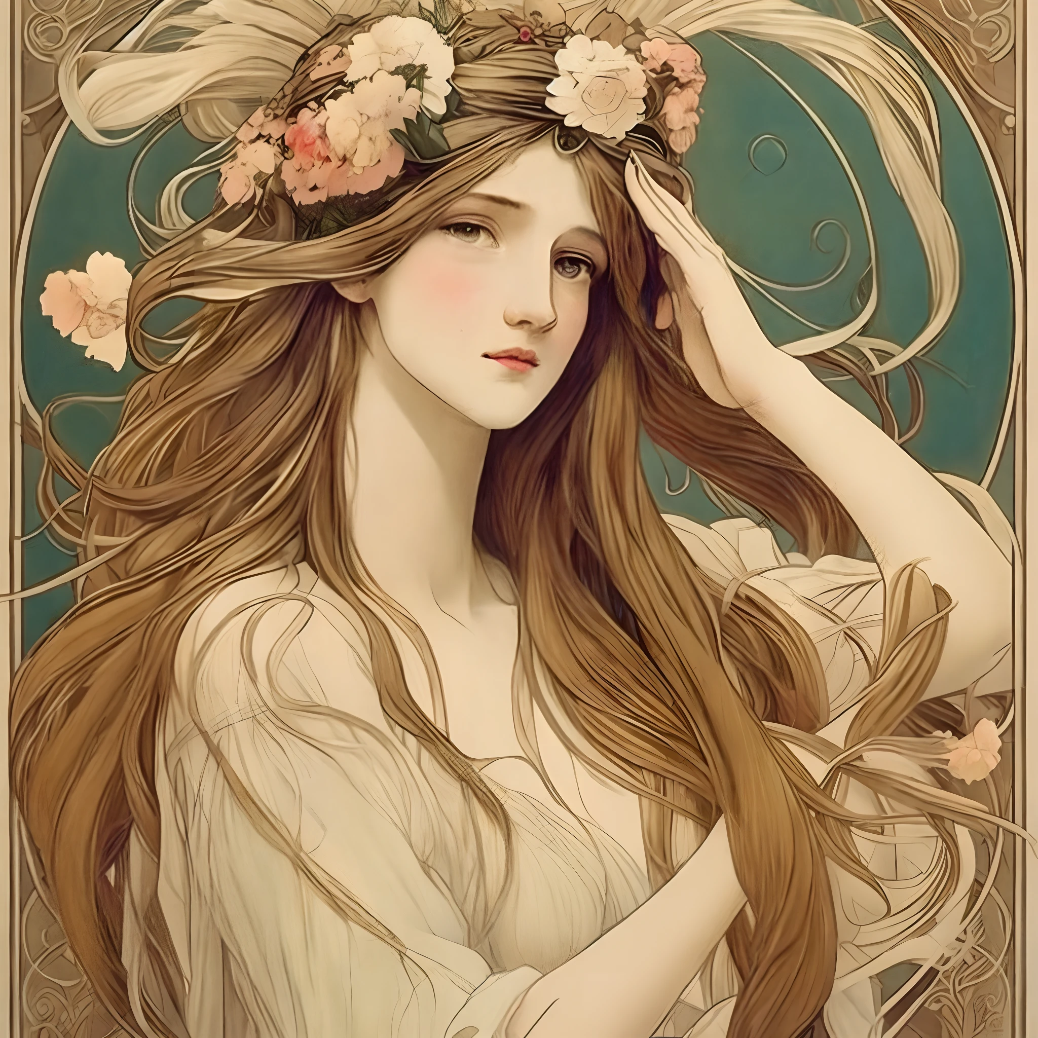 a poster of a woman with long hair and flowers in her hair, holding her hands behind her head by Alphonse Mucha