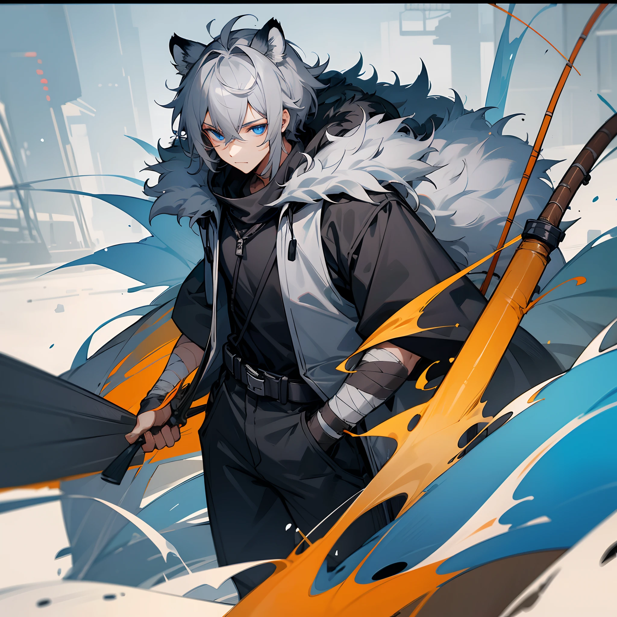 1male,  adult, finely detailed blue eyes, messy short grey hair black highlights, tiger ears, loose adventure clothing, oversized fur hood, fishing village, posing with hand in pocket, walking down path, bandages wrapped around arms