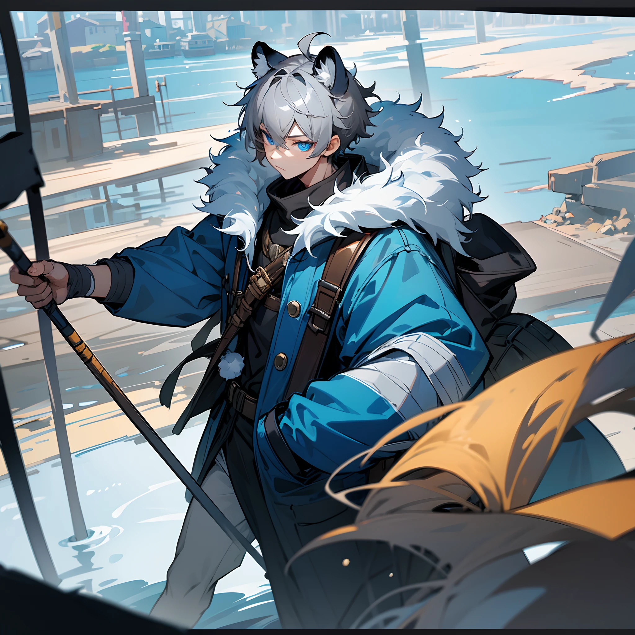 1male, young adult, finely detailed blue eyes, messy short grey hair black highlights, tiger ears, loose adventure clothing, oversized fur hood, fishing village, posing with hand in pocket, walking down path, bandages wrapped around arms