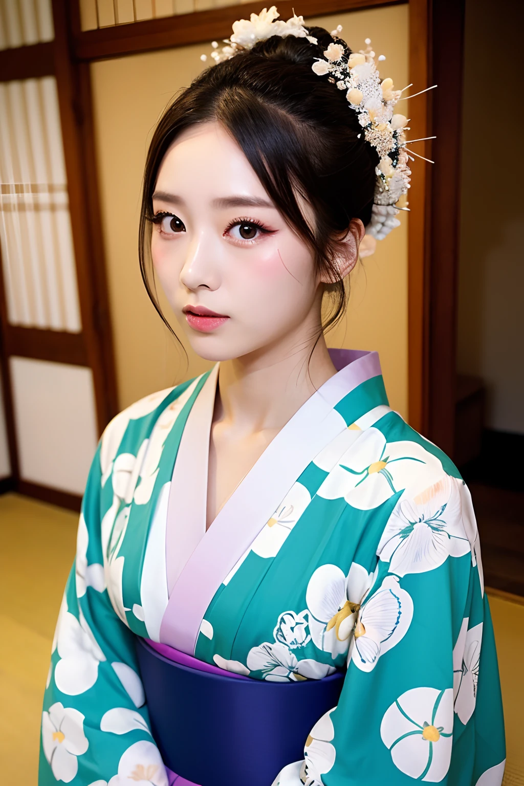 (extra detailed body、extra detailed face、best qualtiy:1.2)、femele、looking at the viewers、(Japan coming-of-age ceremony、kimono、Fancy makeup)