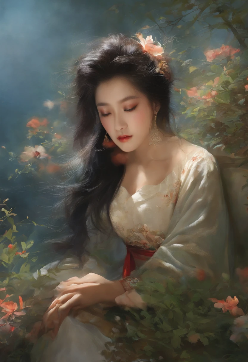best qualtiy,tmasterpiece,(oil painted:1.5),A woman with long black hair,Exquisite facial features,head gear,Sit in front of a Chinese landscape painting,Red dress,(Amy Saul:0.248),(Stanley Ategg Liu:0.106),(a detailed painting:0.353),(Renaissance classical oil painting style:0.8)