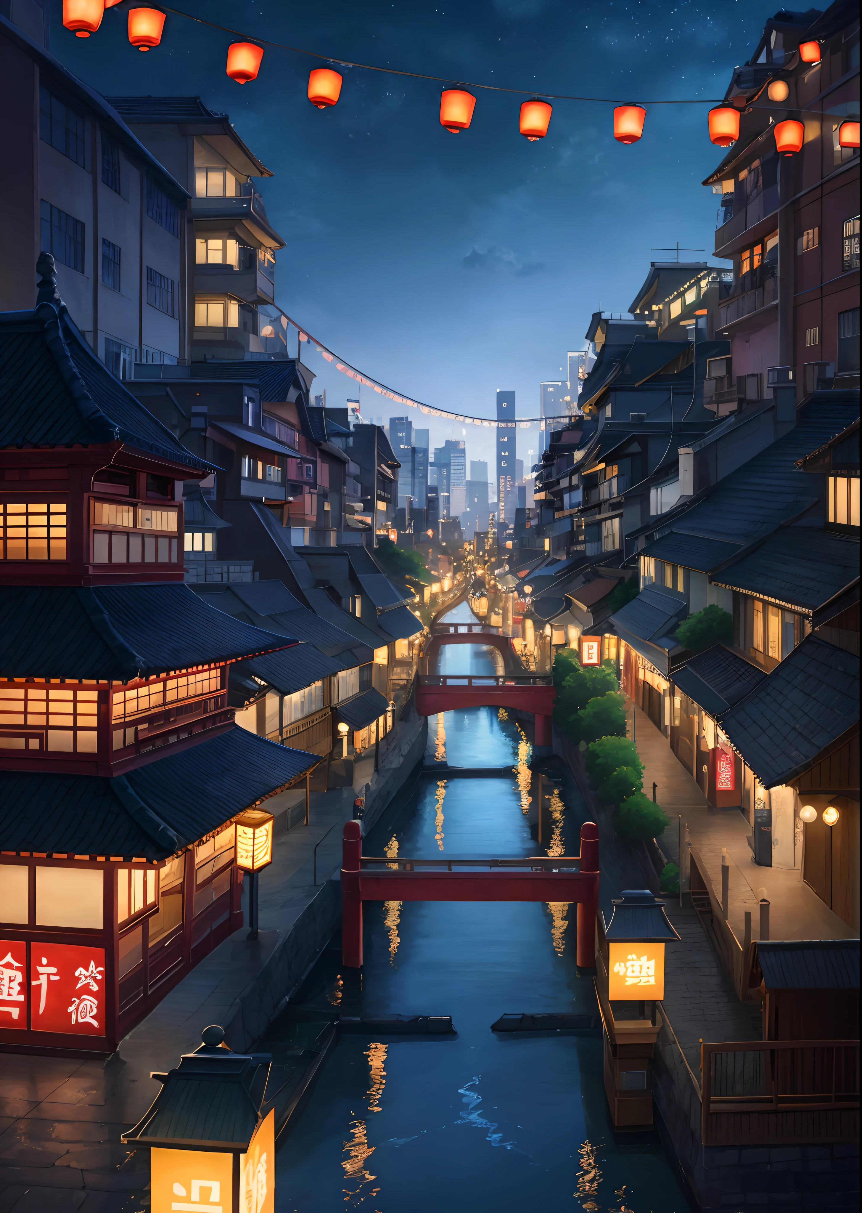 night scene of a city street with a river and lanterns, jen bartel, anime style cityscape, anime art wallpaper 8 k, anime art wallpaper 4k, anime art wallpaper 4 k, japanese city, beautiful cityscape, beautiful art uhd 4 k, 4k highly detailed digital art, anime wallpaper 4k, anime wallpaper 4 k, anime style 4 k