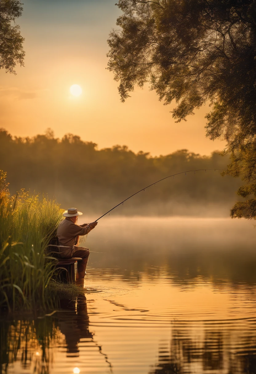 An old man fishing on a tranquil lake, surrounded by lush greenery, (Best quality, A high resolution:1.2),(Realistic,Photorealistic:1.37). The sun casts a warm golden glow on the calm water, (Vivid colors)(Bokeh). The man, Wear weathered hats and fishing vests, Be patient and wait for a bite. rod, With a smooth wooden handle and a sturdy fishing line, (Ultra-detailed). Reflection of man and his fishing gear on the glassy lake, Create a sense of tranquility and harmony with nature.