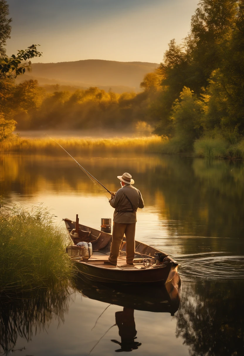 An old man fishing on a tranquil lake, surrounded by lush greenery, (Best quality, A high resolution:1.2),(Realistic,Photorealistic:1.37). The sun casts a warm golden glow on the calm water, (Vivid colors)(Bokeh). The man, Wear weathered hats and fishing vests, Be patient and wait for a bite. rod, With a smooth wooden handle and a sturdy fishing line, (Ultra-detailed). Reflection of man and his fishing gear on the glassy lake, Create a sense of tranquility and harmony with nature.