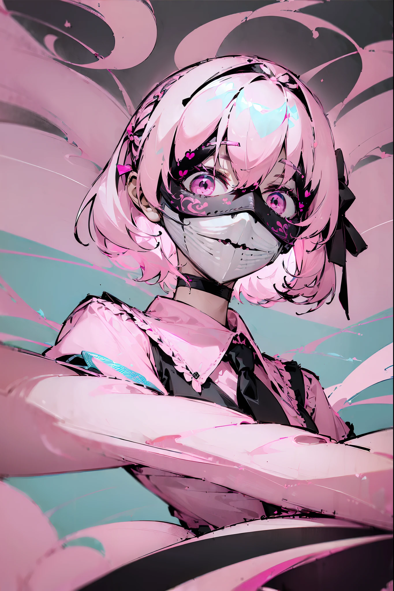 1girl in、High Definition CG Illustration、Write、(Black mask:1.4)、(pink colored shirt:1.8)、Cosplay、The face of a girl with a Japan similar to Suzu Hirose、jirai kei、Bangs、a short bob、Black skirt、Black bow、Looking at Viewer、Bow、Long sleeves、Choker、bow ribbon、Psychedelic Art、cloud、Rei Ayanami、(Pathological atmosphere:1.8)、colourfull、Intricate details、Abstract background、pop-art