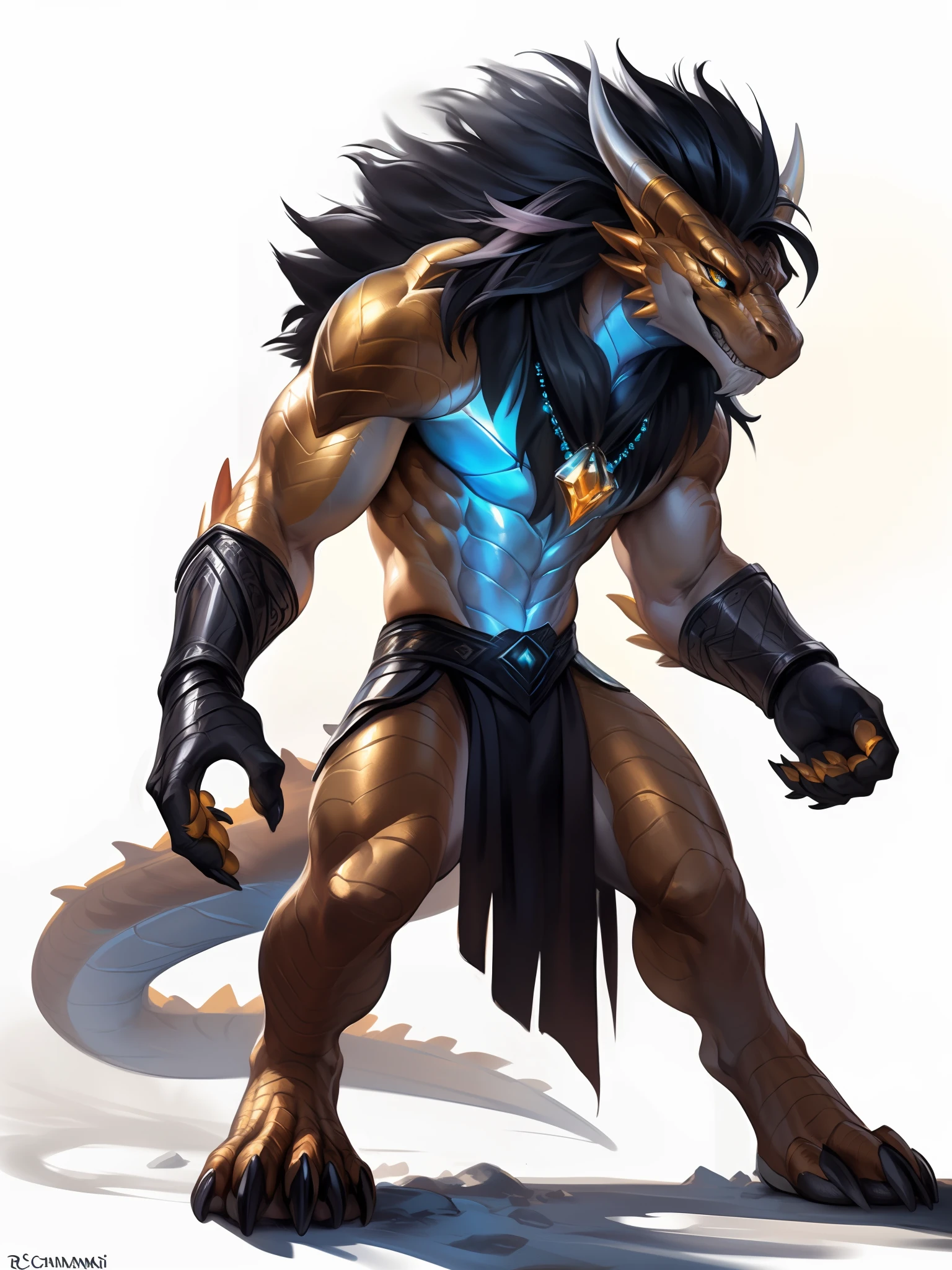 uploaded on e621, (male anthro dragon), (((male))), close-up, standing, solo, detailed scale texture, (((white background))) brown body, yellow belly, (((wide shoulders))), (((very slim waist))), (((lush dark mane))), shamanistic accessories, magic necklace, evening, dim environment, (art by Bonifasko, Kenket, Ross Tran, Ruan Jia, chunie, (drakgem), ((rakisha)), (kontanagamori)), (front view), looking serious, [simple background], detailed pupils, masterpiece artwork, caustics, rim lighting, single light source, solo portrait, (digitgrade, toe claw), (kemono), by inessa garmash, greg rutkowski, pino daeni
