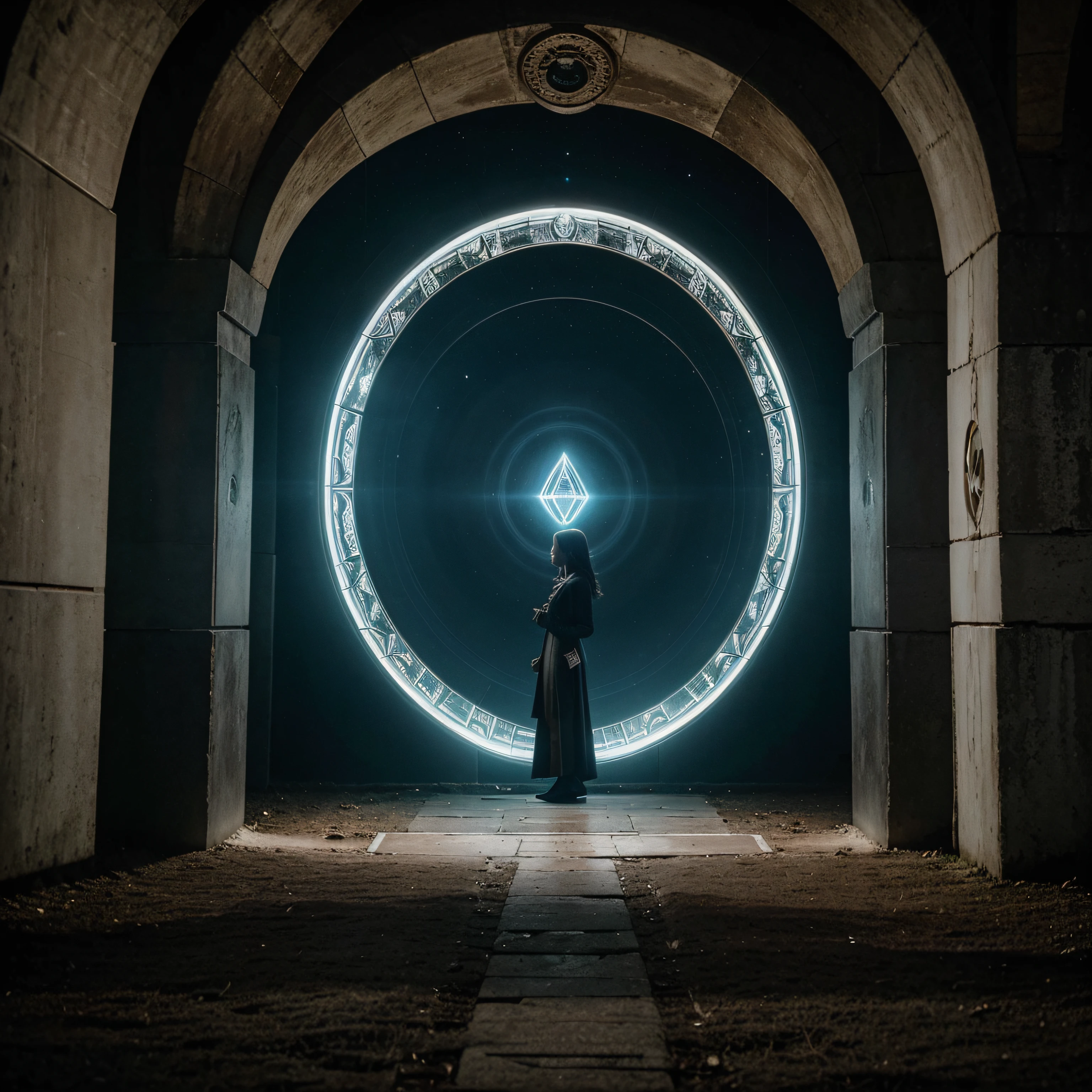 Por favor, crie uma capa de livro para 'Quantum Revelation: Desvendando a Teia Divina', de autoria de William Sant'Ana. The cover should reflect the essence of the text and evoke an atmosphere of mystery, Wonder and Transcendence. 

Featured on the cover is a futuristic-looking circular portal as a central element. This portal is to be richly adorned with ancient and mysterious inscriptions, that are unknown and intriguing. Registrations should be circulated around the portal, Adding an element of mystery and antiquity to your design. The portal itself should have a futuristic aesthetic, incorporating modern technological and geometric elements.

Dentro deste portal, Integrate glimpses of other dimensions, The Concept of Time-Space and the Presence of Celestial Beings. Visions should be ethereal and surreal, evoking the feeling that we are witnessing alternate realities and the presence of divine entities. Utilize efeitos visuais, lights and shadows to accentuate that sense of transcendence.

Imagine que o portal esteja situado em uma caverna misteriosa, Shrouded in darkness and secrets. Lighting should be soft and unobtrusive, highlighting only the portal and the visions it reveals. Add suspenseful elements to the scene, como sombras misteriosas e um ar de expectativa.

The goal is to create a book cover that is both captivating and enigmatic, atraindo potenciais leitores para explorar o livro e desvendar seus segredos. Make sure the final image conveys a deep sense of wonder, Mystery and beauty.

I sincerely thank you for your contribution in the creation of this cover, e aguardo ansiosamente o resultado!