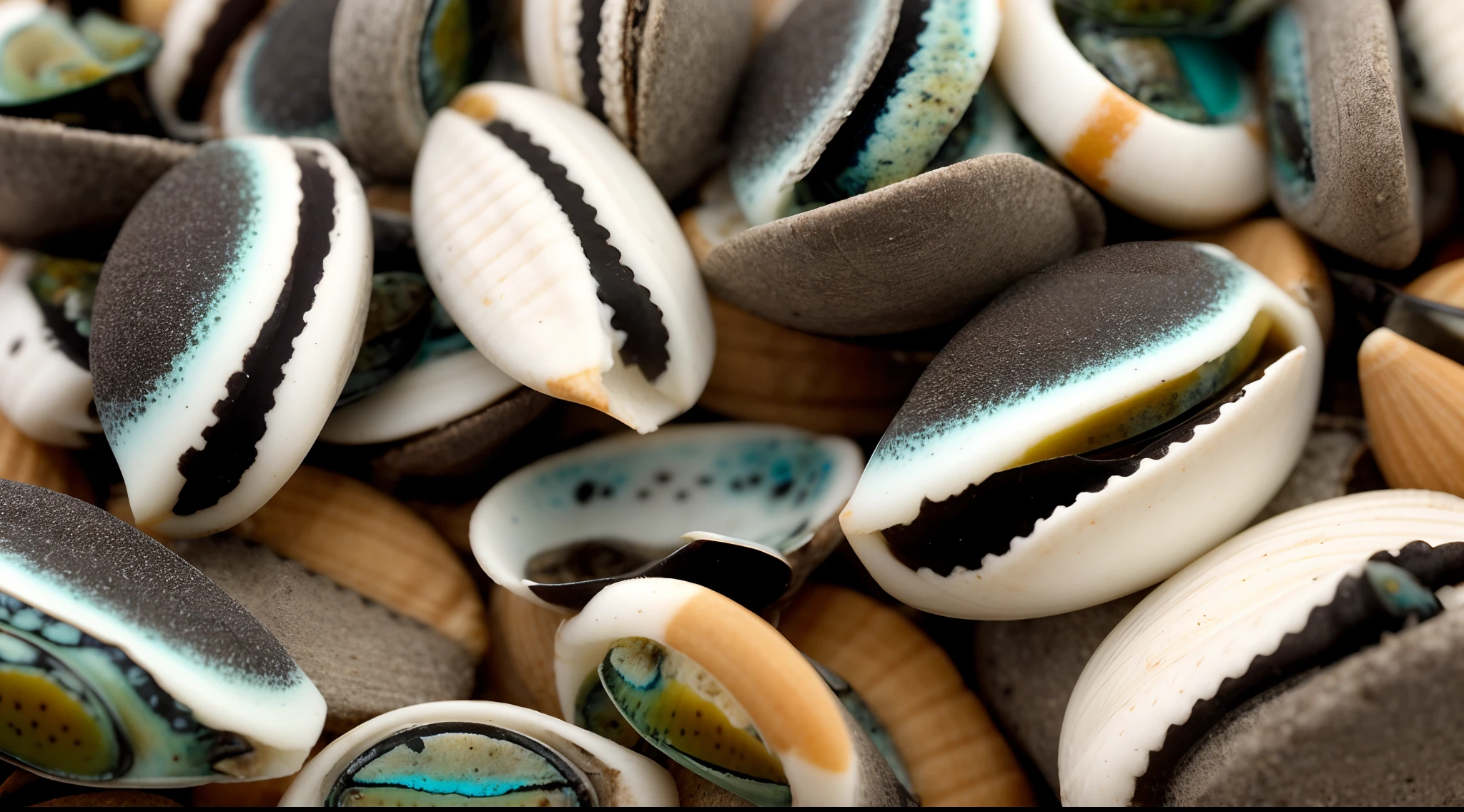 A closeup of a pile of cowrie sheels with black and white stripes, Conchas, Conchas, Muira, sementes, Branco, detalhado, conchas e cracas, Paua Concha, 3 millimeters, Olhos chocados, unusual composition, Concha do mar, noz, different closeup view, concha, Close view, View of the bird, title