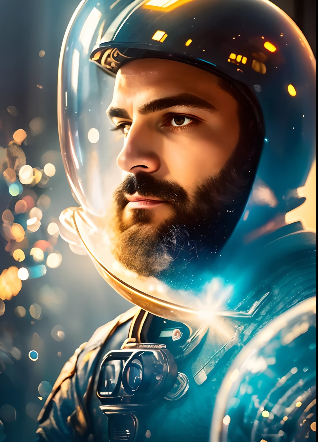 foto de edgarpetistadosul, homem em ((Retro Space Suit with Bubble Helmet)), pintura fotorrealista,  retrato, incrivelmente atraente(papel de parede 8k extremamente detalhado), Rosto altamente detalhado, intrincado, 8k, altamente detalhado, Volumetric lighting, pintura digital, intenso, foco nítido, Arte de Artgerm e Rutkowski e Alphonse Mucha, CGSetnation,  vibrante, dynamic atmosphere, fotorrealista, Closeup