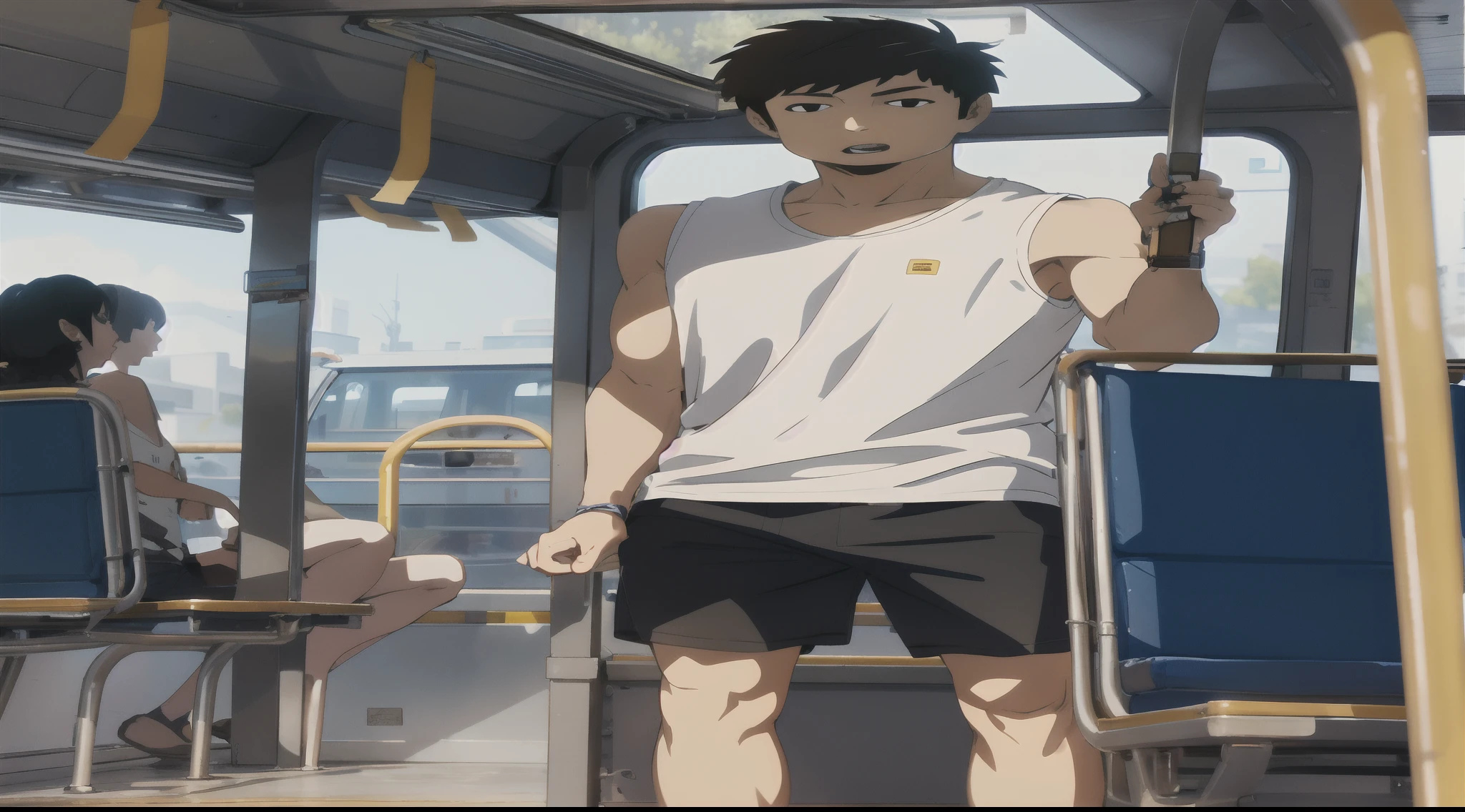 Eutopean Teenboy, white skin, dress tanktop and shorts, stand up on a bus full of people , have a erection inside the shorts hyperealistic photo
