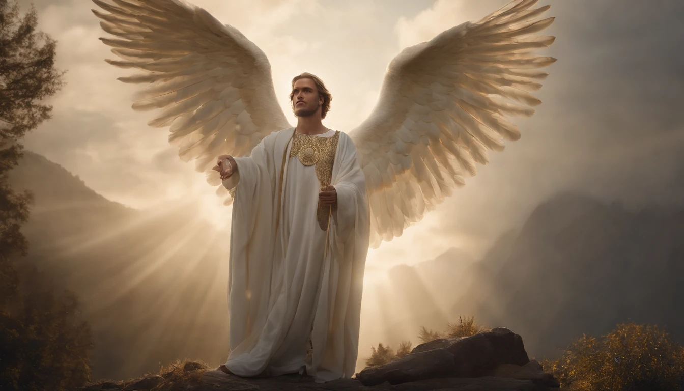 Beautiful guardian angel with large snow-white wings and a halo above the head. He wears a long white tunic, girdled with a golden girdle. An angel holds a staff in his right hand, Crowned with a Cross, And he stretches out his left in a gesture of protection and patronage. An angel has good things, A peaceful face with a clear look in blue eyes. blonde hair, Long, fluttering behind your back. He stands on a cloud pedestal, Surrounded by rays of light, emanating from the figure. Realistic, A detailed painting in the best traditions of academic painting".