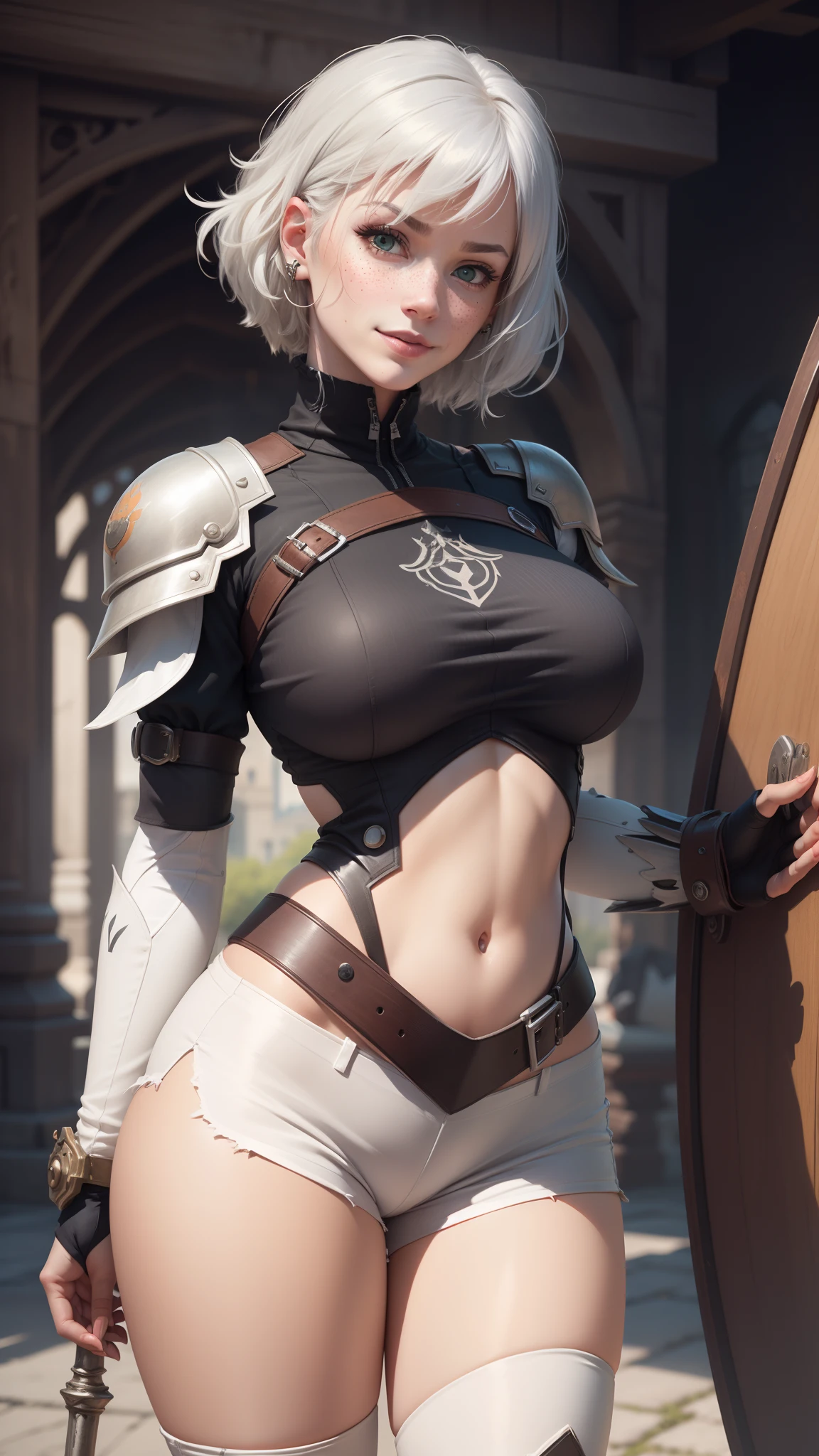 gwen tennyson,y'shtola rhul,yorha 2b, tracer,nier automata,overwatch,close up,mecha pilot,mountain view,tattoos, white and silver plugsuit,white short sleeve lycra top,steel lycra micro shorts,uncovered belly,short hair,cute makeup,green eyes,dimensional silver hair,shy smile,freckles,beautiful girl,large breasts,8k hd,ultra detailed,realistic, fantasy art,medieval armor,steel armor, medieval castle,medieval dress,victorian dress,ear piercings,hair pin,valkyrie armor,thigh high boots,holding a mace and a shield,