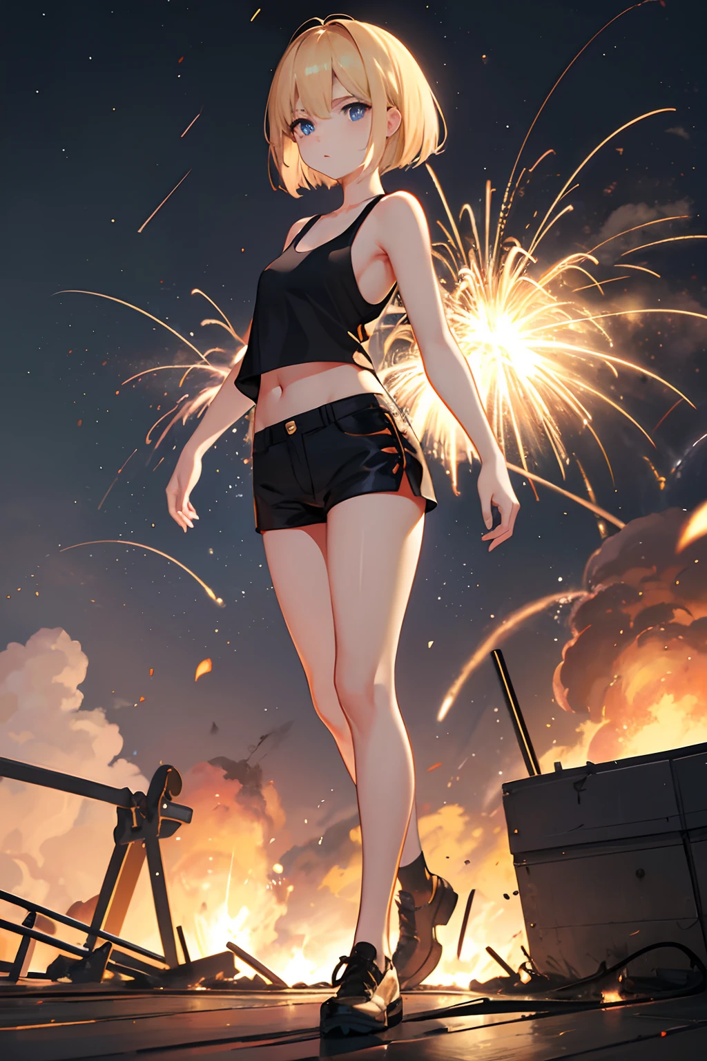 during night、Explosions and flames at an airbase、fence、Exploding buildings、cute blonde girl、cute  face、elegant sleek smooth body、full body Esbian、Short bob hair、a blond、blue eyes、Black tank top、sexy black shorts、Wearing black shorts