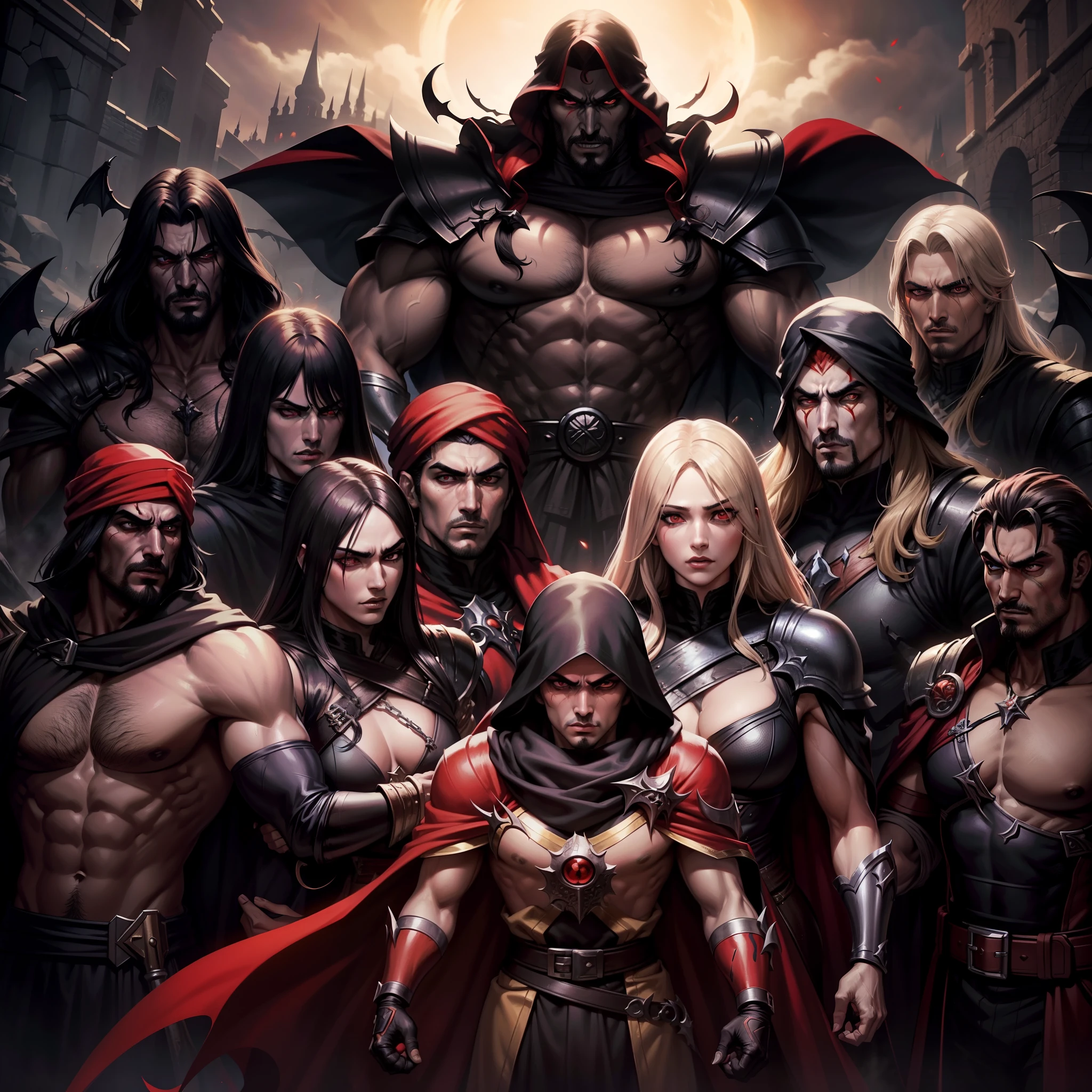 Castlevania Hyper Realistic Shadow Lord Super Detailed Dynamic Shooting Lord Dracula's Centerpiece Medieval Arab Warrior with Red Turban Scary Face Hokuto No Ken Structure Muscular Face Kenshiro Leading Troops Army of Demons to Fight Sharp Detail Cinematics Epic Movie Legendary Movie Zoom Face Hyper Realistic Portrait