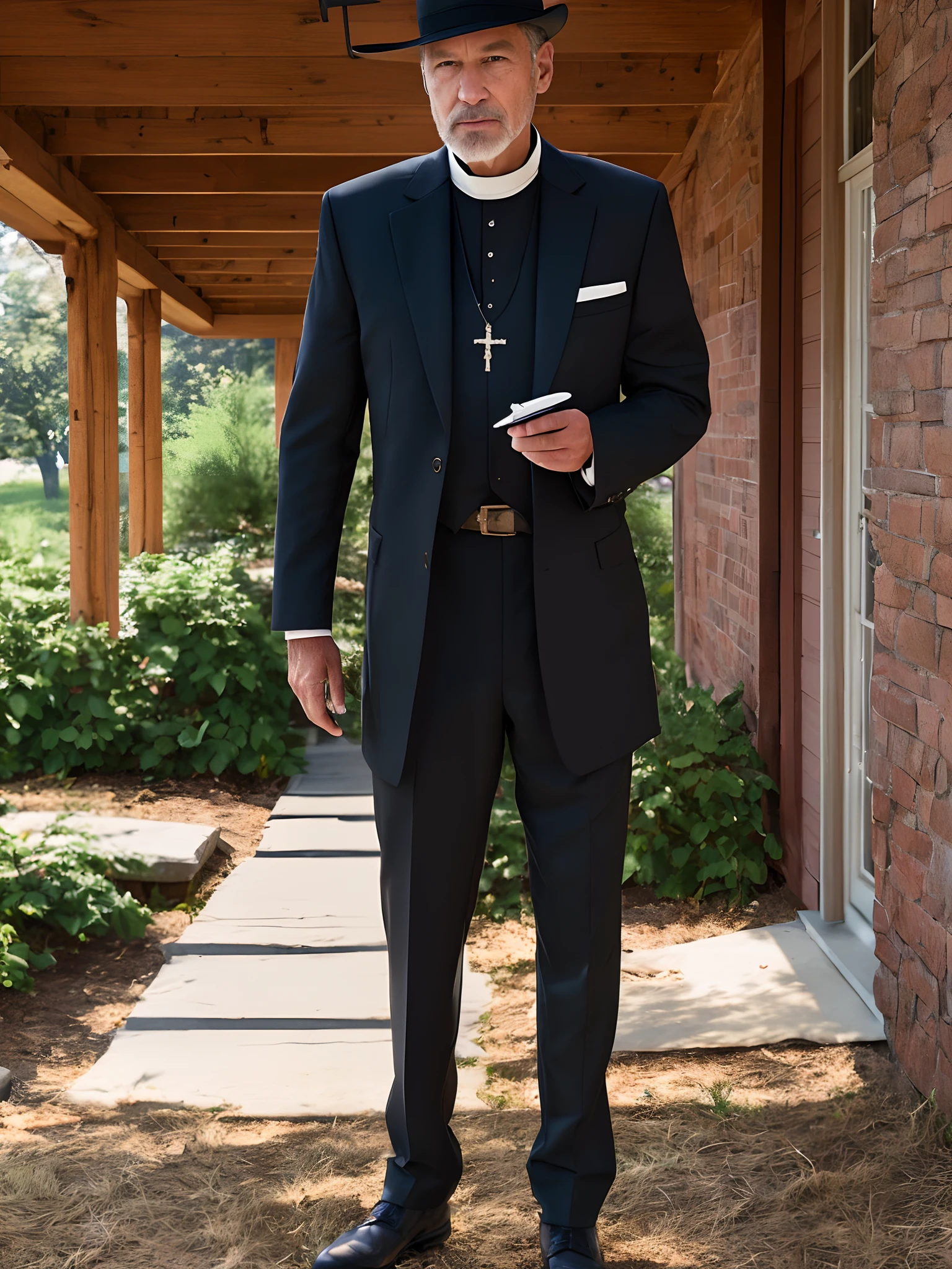 A man in a black pilgrim suit, Stand on the porch, In the Midwest, Americans, Upper body, Close up, primitive, [Smiling:0.8], 8K  UHD