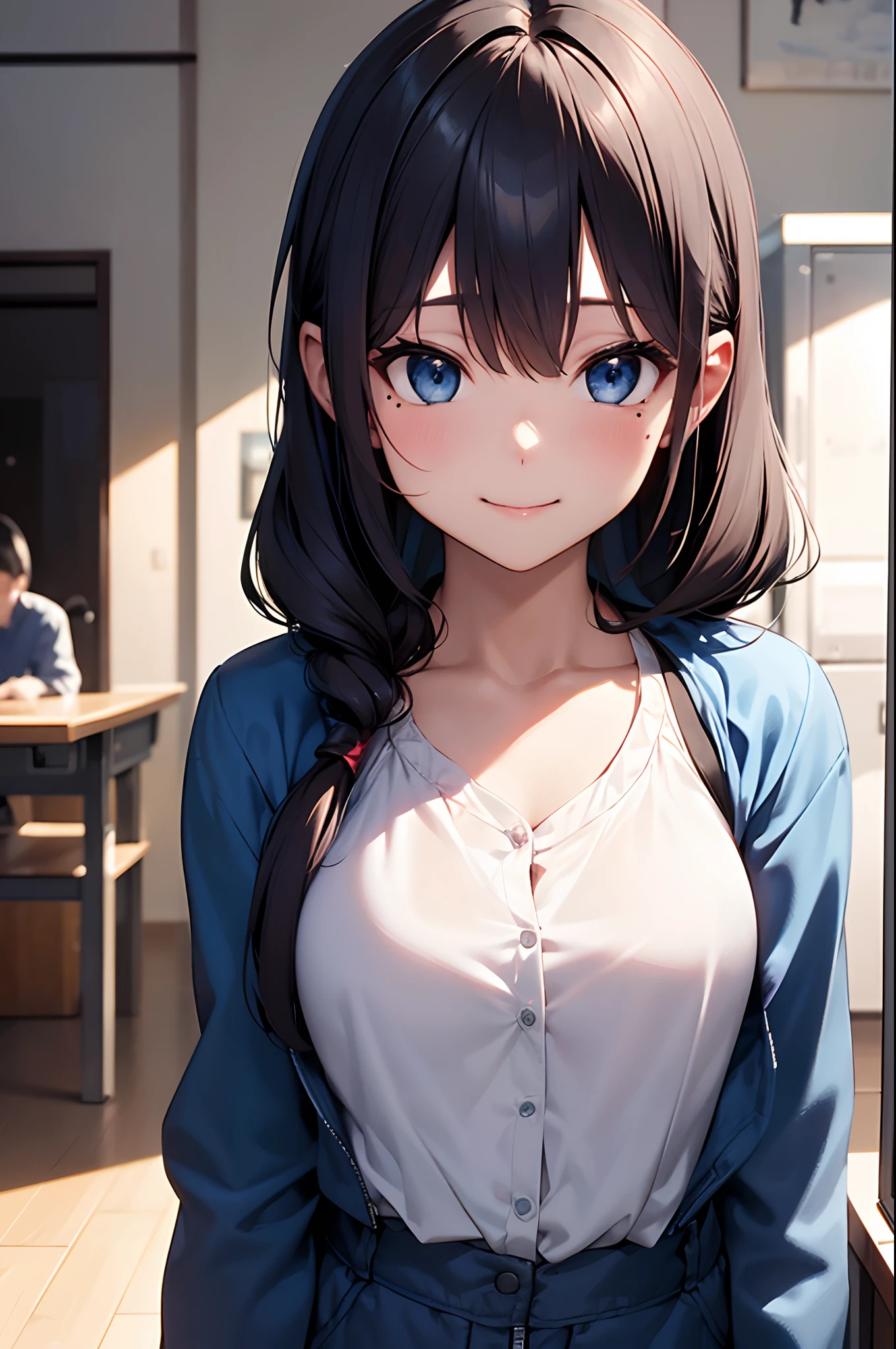（Girl with a nasty appearance:1.3）、(Daytime:1.5)、(and chest:1.4)、Raw photography, top-quality, hight resolution, (​masterpiece), (Photorealsitic:1.4), (Mole under the eyes),Anime Cosplay, foco nítido, nffsw, 8K分辨率, intricate detailes, depth of fields, the Extremely Detailed CG Unity 8K Wallpapers, front lit, femele,25-years old、 Happy face,Smiling、Bangs covering one eye、(tying  hair:1.5)、(Medium Showtrain Bo Hair)、(Large jacket)、blue eyess,(ty:1.5)、(At work:1.3)、(Full body depiction)、Calling:1.2)、shining world、Wall clock、s Office、personal computers、a desk