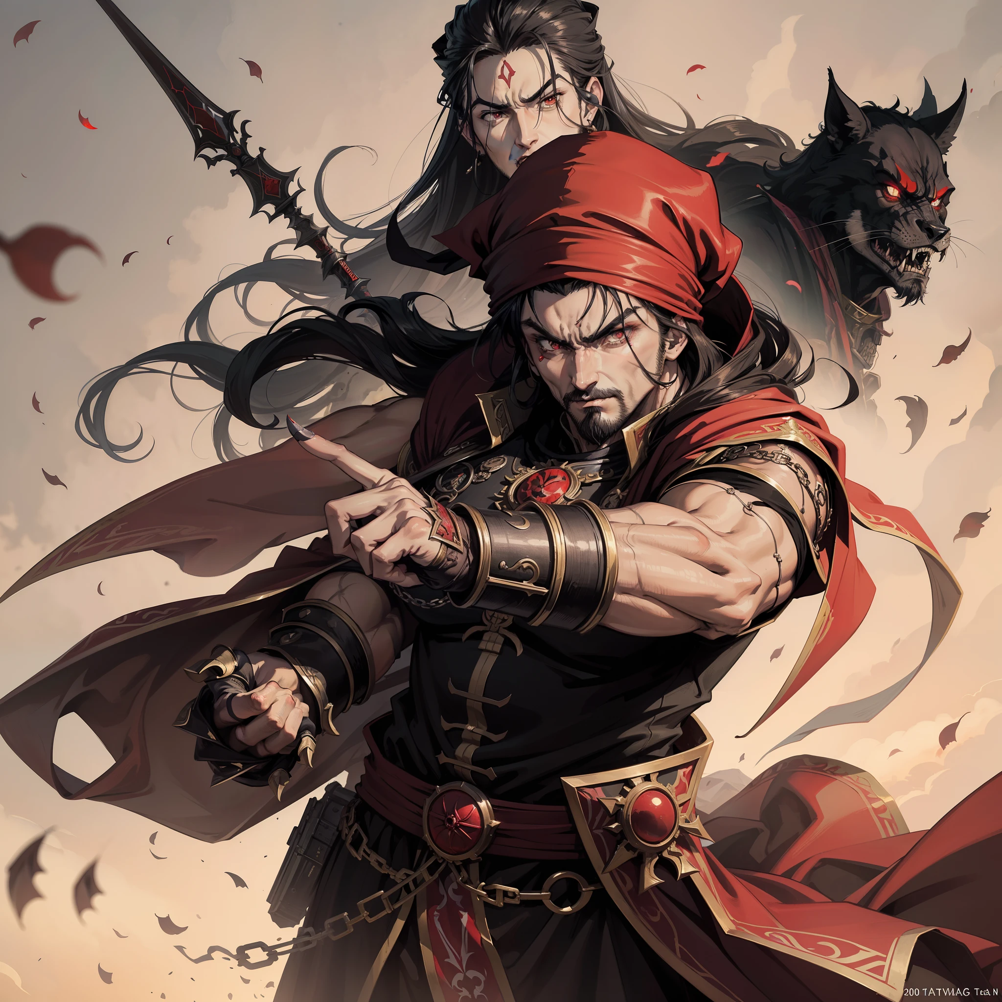 Castlevania Hyper Realistic Shadow Lord Super Detailed Dynamic Shooting Lord Dracula's centerpiece Medieval Arab Warrior with Red Turban Scary Face Hokuto No Ken Structure Muscular Face Kenshiro Leading troops Army of demons to fight cutscenes of sharp detail Epic Movie Legendary Movie Zoom Face Hyper Realistic Portrait