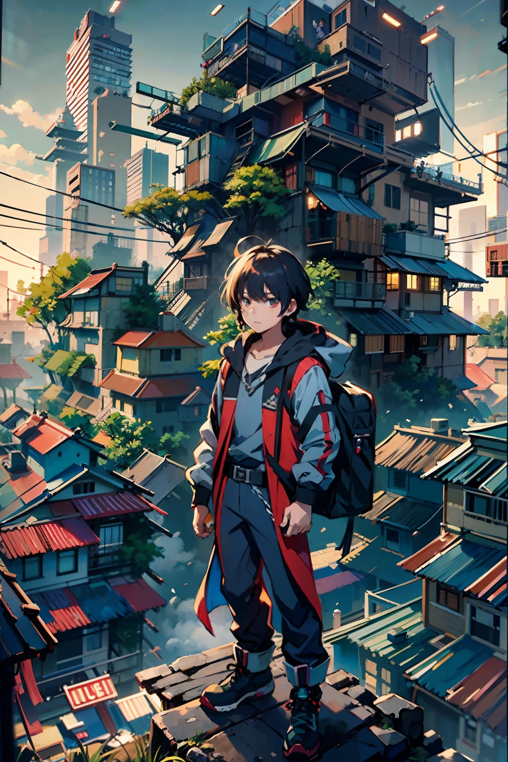 1st grade,(um menino de 13 anos:1.5)、Protagonista estilo anime、menino cyberpunk、traje preto、Cabelos prateados、Katanas,metralhadora、Corpo inteiro sangrento、Aerial view of the composition、The beginning of the adventure、muitas nuvens,Heavy fog、..lua,Chaotic city of the future、dystopic、dim lighting、caothic、Beautiful and fantastic landscapes、Cinematic setting、alta qualidade、masutepiece,em 8k、alta resolução、