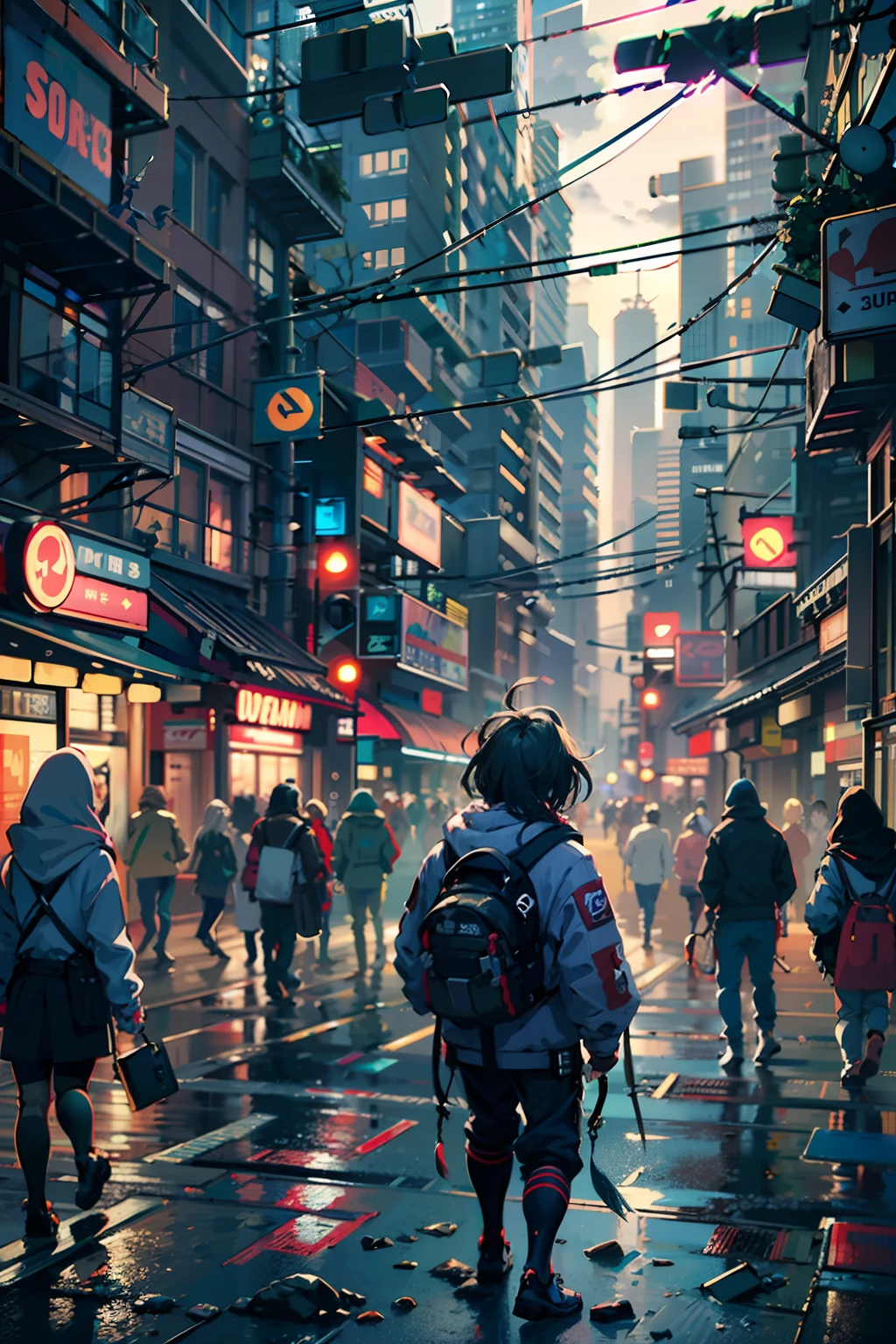 ,(um menino de 13 anos:1.5)、Protagonista estilo anime、menino cyberpunk、traje preto、Cabelos prateados、Katanas,metralhadora、Corpo inteiro sangrento、Aerial view of the composition、The beginning of the adventure、muitas nuvens,Heavy fog、..lua,Chaotic city of the future、dystopic、dim lighting、caothic、Beautiful and fantastic landscapes、Cinematic setting、alta qualidade、masutepiece,em 8k、alta resolução、