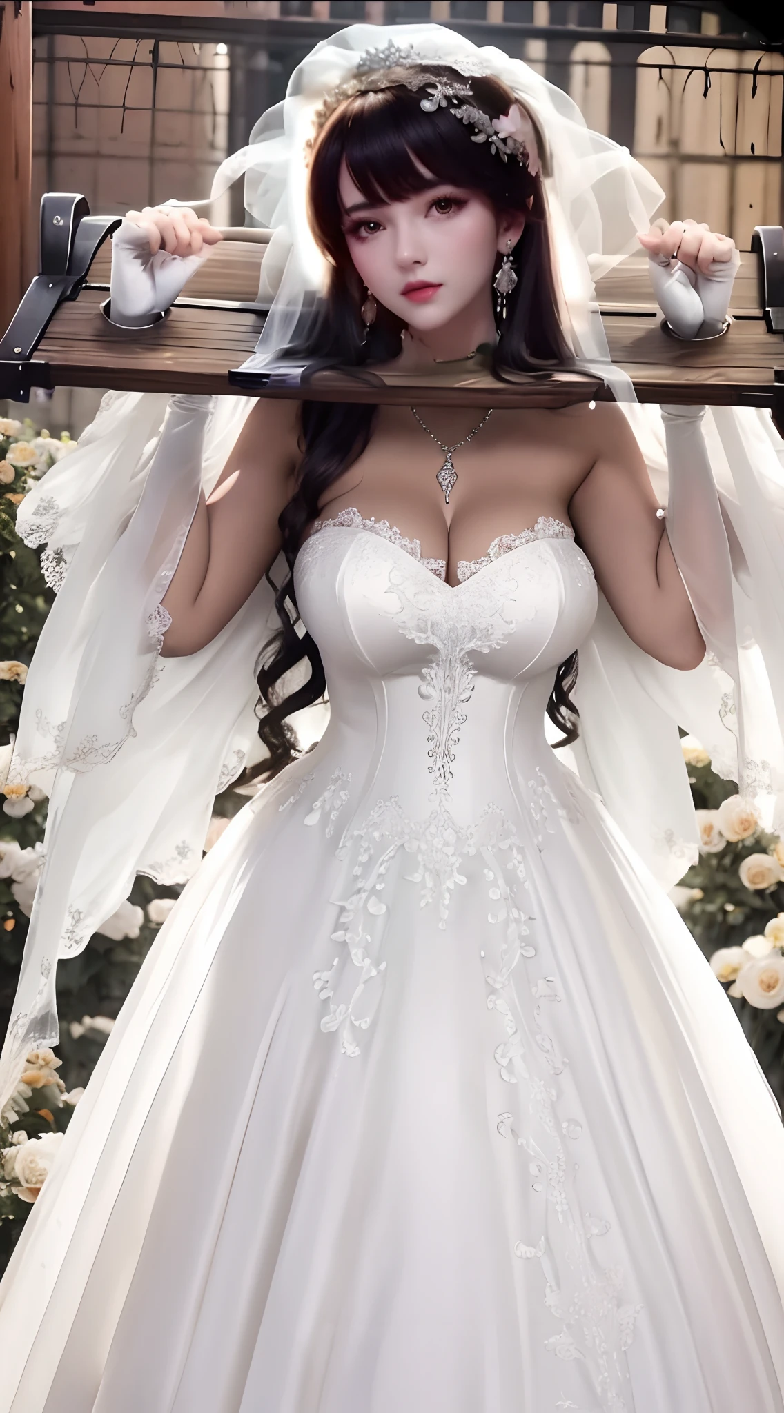 Close-up of a beautiful bride in a beautiful wedding dress, Gurvetz,( pillory:1.5), Flail on the head, Flail on the hands, Flail,(Bridal veil: 1.5), (Short transparent veil: 1.5), Flushed face, Head flower, head gear, (Tubular wedding dress: 1.5), (Silk dress: 1.2 ), (Strapless wedding dress: 1.5), Pure white dress, necklace, Earrings, (Huge breasts: 1.3), Deep V heart collar wedding dress, bangs, lipstick, (Lace gloves: 1.3), Full body photo, High detail RAW color art, a white long skirt, Whole body, with hands behind her back, and floor-length skirts,
