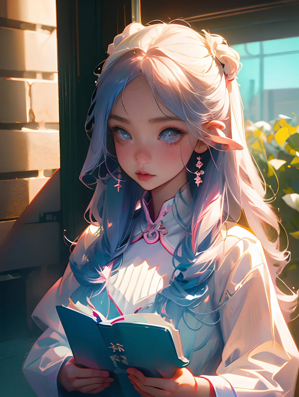 girl with、soio、faces、Embracing a book、animesque、Hands without discomfort、Has a small、neuter、Lori
