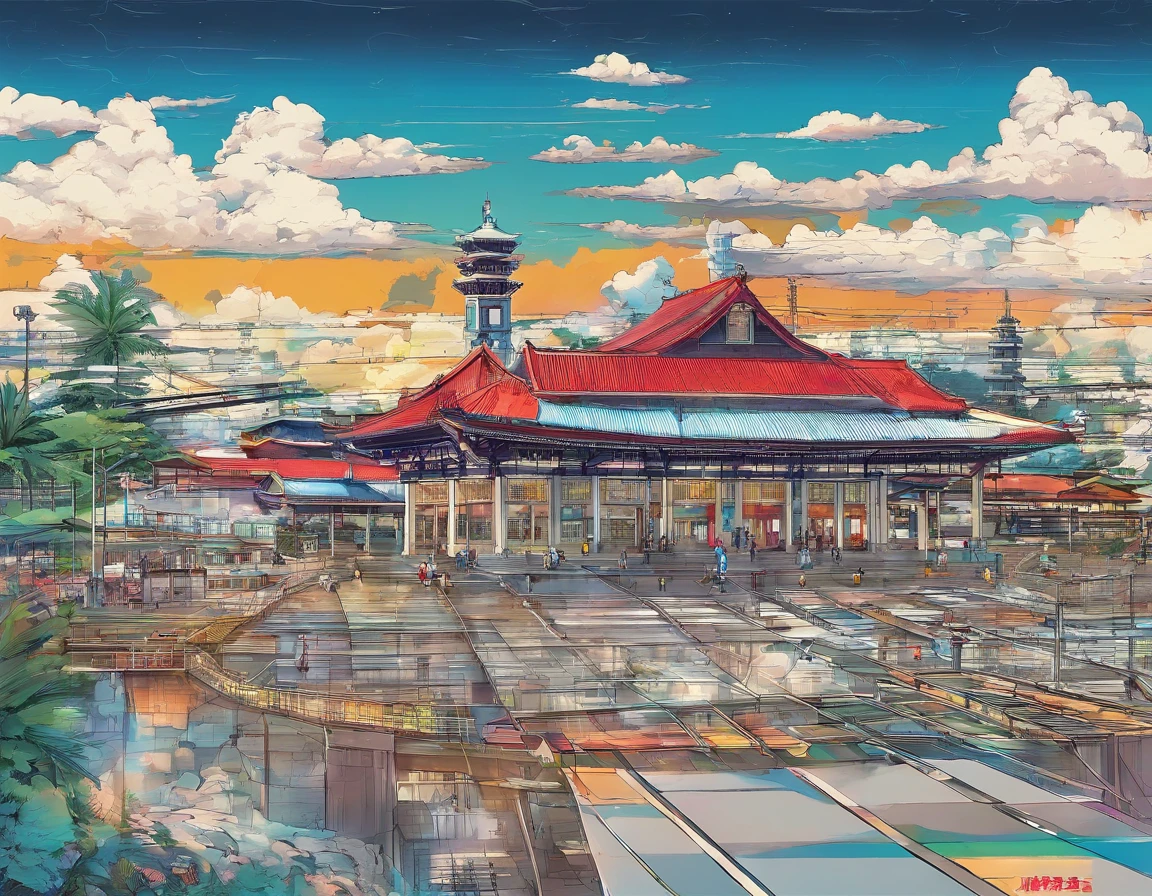 Baja Train Station. From the city of Low Angle, Annual Lighting Exhibition, cumulonimbus clouds, Volumetric lighting, big sky