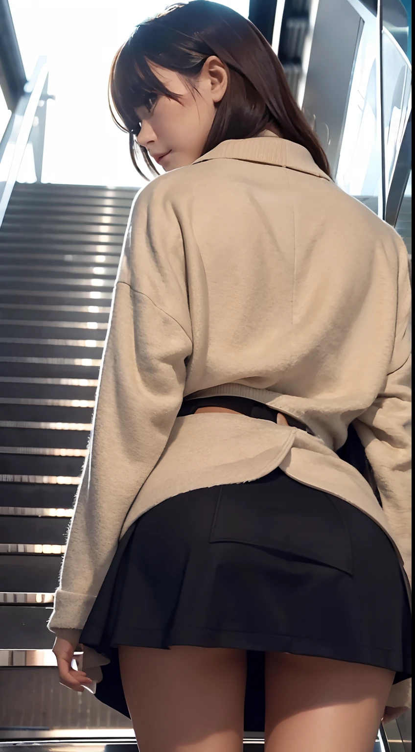 Up Escalator Skirt、short coat、bottom body close up、View from behind、Very low camera angle、Slouched、bent forward、panties in a skirt(Skirt rolled up: 1.5).she turns around and look at cameraman.Perspective looking down on the photographer.The panties inside the skirt are exposed.Detailed facial rendering.Serious expression.