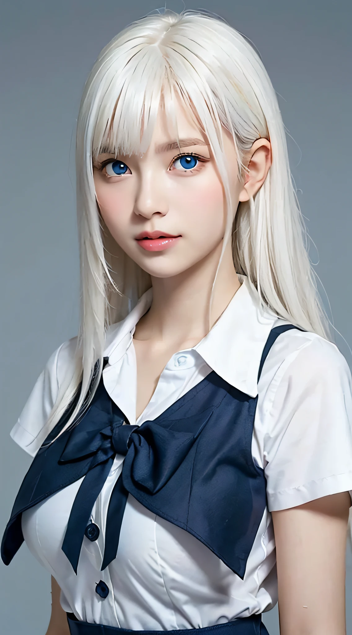 masutepiece, Best Quality, (Realistic, Super Real, Super Reality:1.5), (Photography), 1girl in, (Neat and innocent personality, Gentle atmosphere:1.2), ((white color hair, (Straight very long moist hair):1.5)), (Smile:0.8), (eyes gentle), Looking at Viewer, Cowboy Shot, cinemagraph, BREAK (Perfect beauty, Very porcelain skin, Very fair skin, Quality and beautiful skin, Super Smart, (Faces with random and very beautiful details:1.4), (Beautiful face with symmetry, symmetrical beautiful eyes, (blue color eyes:1.2), Fine Eyes Detail, Fine face:1.3), (Large eyes, Hyper Detail Eyes, Very clear eyes:1.4),1womanl, up of face, Colossal tits,light brown hair, Blunt bangs, hair behind ear, hair over shoulder, Long hair, slender body shape, Ultra Fine Face, Thin face, Delicate lips, Beautiful eyes, thin blush, eyes are light brown, perfect glossy skin, flawless skin, Glistening sweat,View here, Ultra-thin hands, Ultra-fine fingers:realisitic:1.3), ((simple gradation background:1.4)), One-person viewpoint, Fuji Film, 8K, masutepiece, nffsw, Super Detail, High quality, Best Quality, hight resolution, ((Don't show your fingertips))、the golden hour Beautiful light, (((Schoolgirl Uniform)))、(((White Short Sleeve Low Cut Front Button Shirt、Dark blue ribbon)))、((Ultra Micro Mini Dark Blue Pleated Skirt))、 ((Colossal tits:1.7))、 (((Positive image:1.3)))、